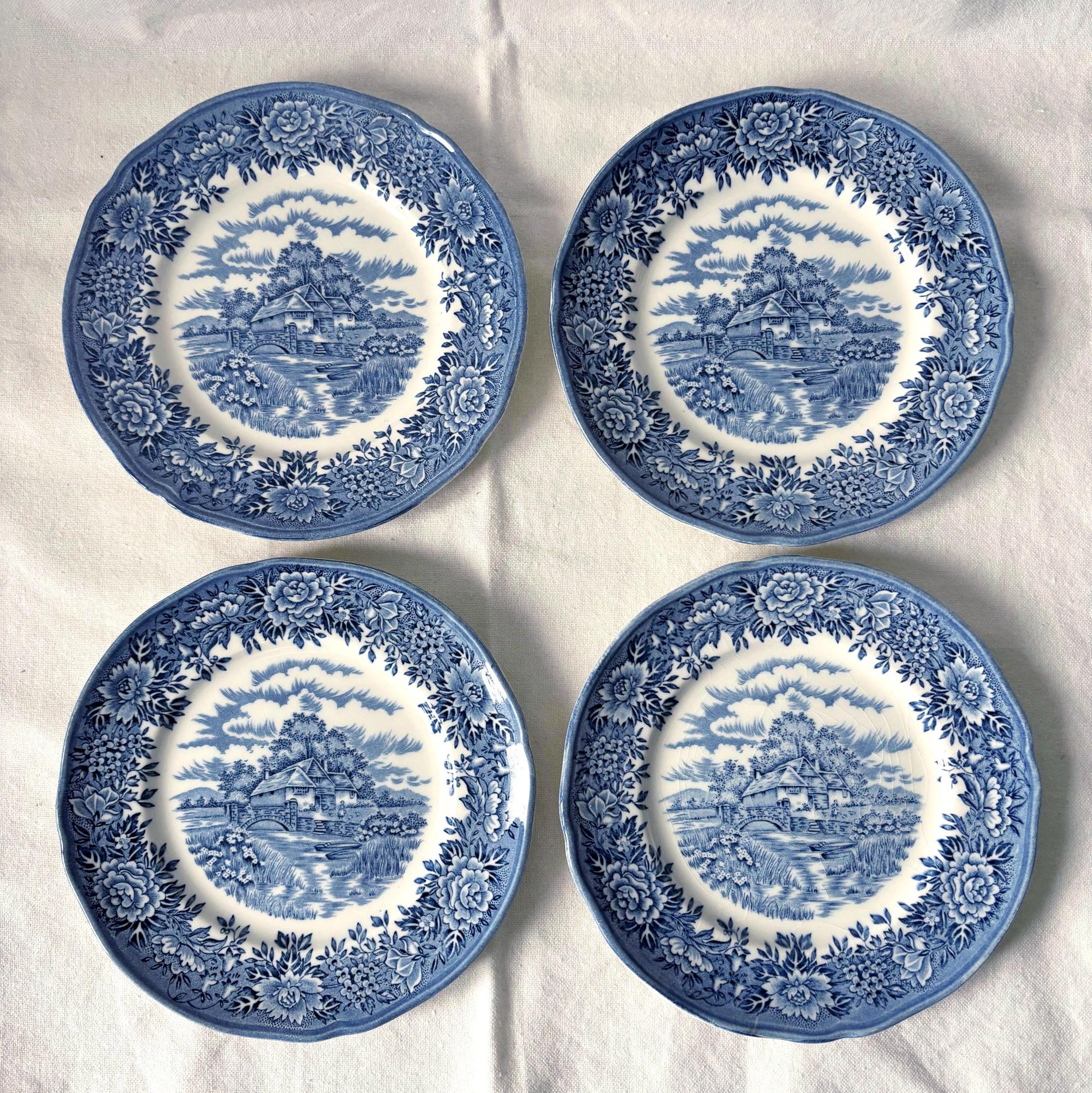 Vintage Colonial Village Tea Plates Set 4 Blue Staffordshire