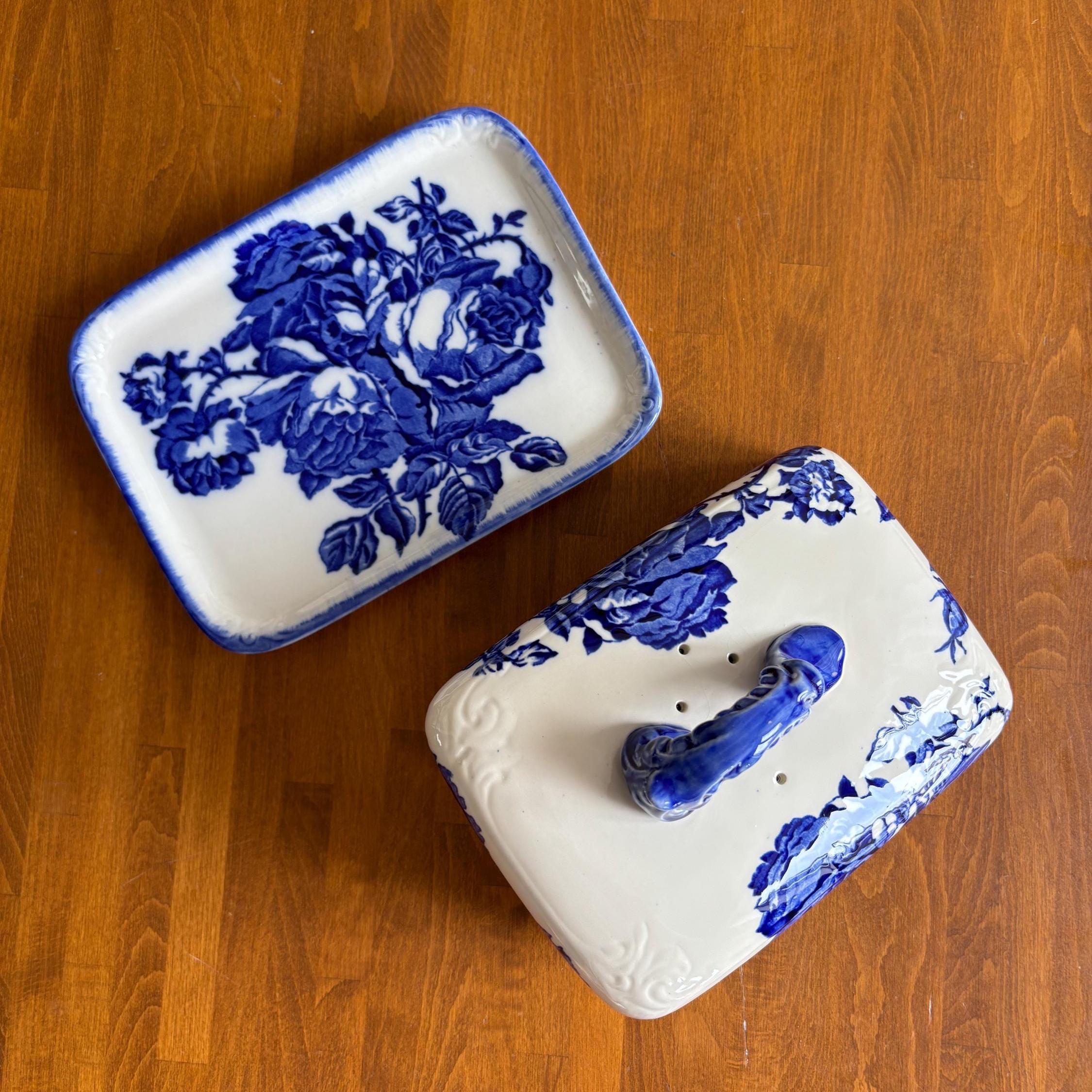 Vintage Blakeney Blue Transfer-ware Cheese Keeper Ironstone Cheese Dish Staffordshire England