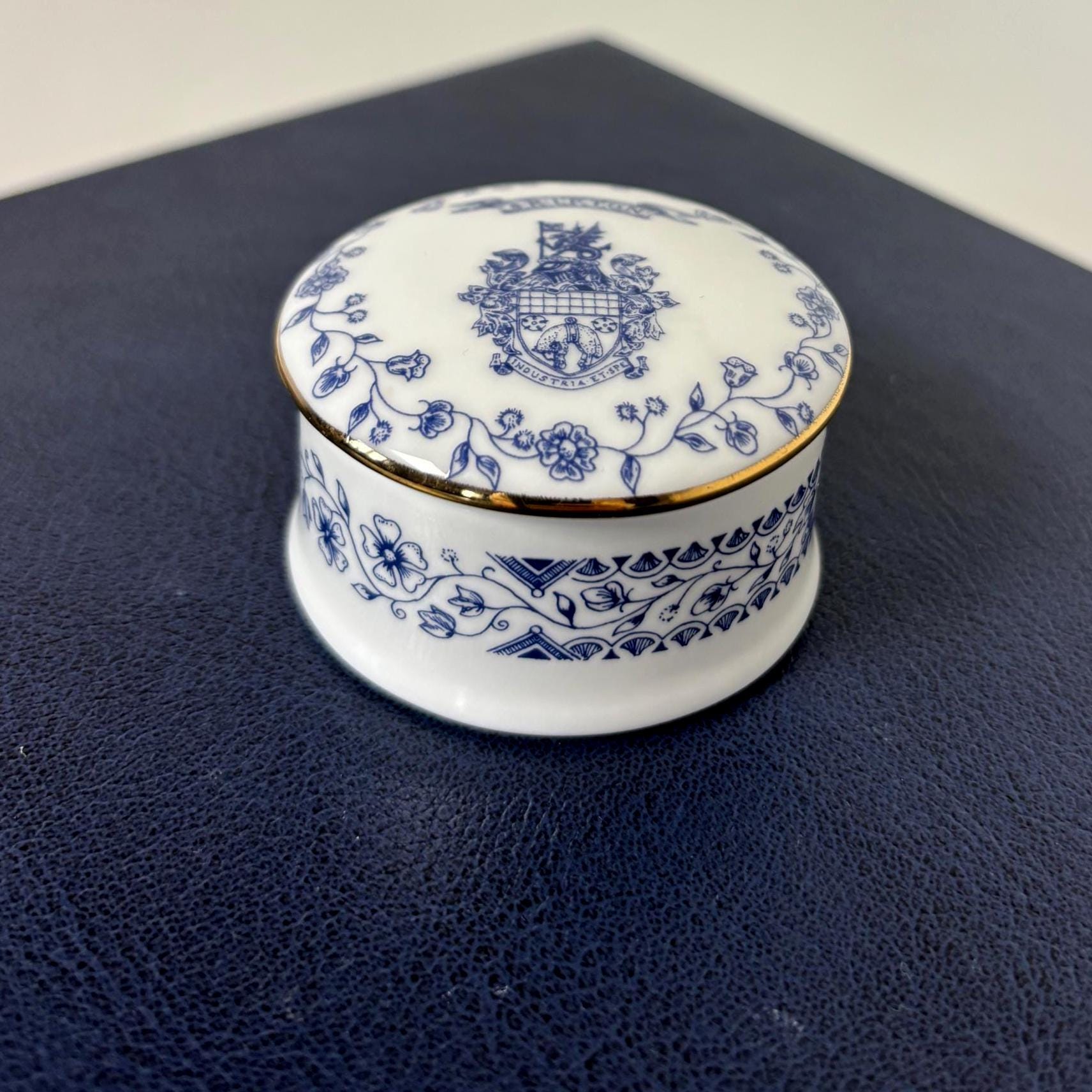 Vintage Skipton Bone China Trinket Box English Lidded Pot Blue White Floral Collectable