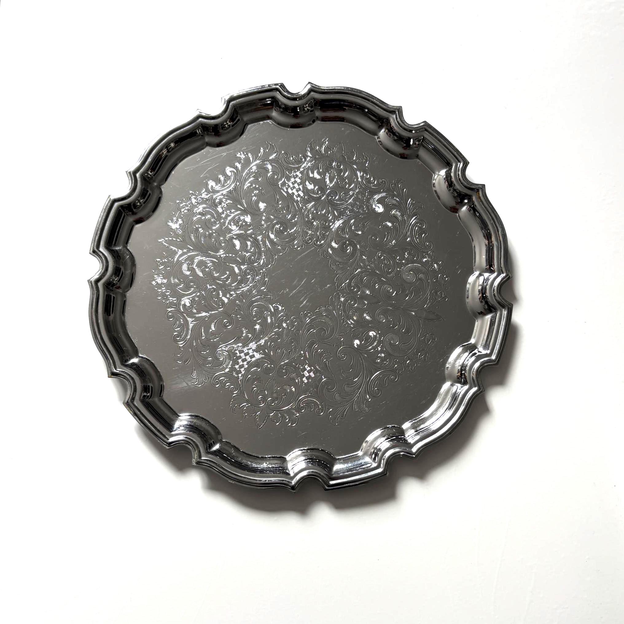 Vintage English Silver Plated Gallery Tray Ornate Scalloped Serving Tray Made in England Round