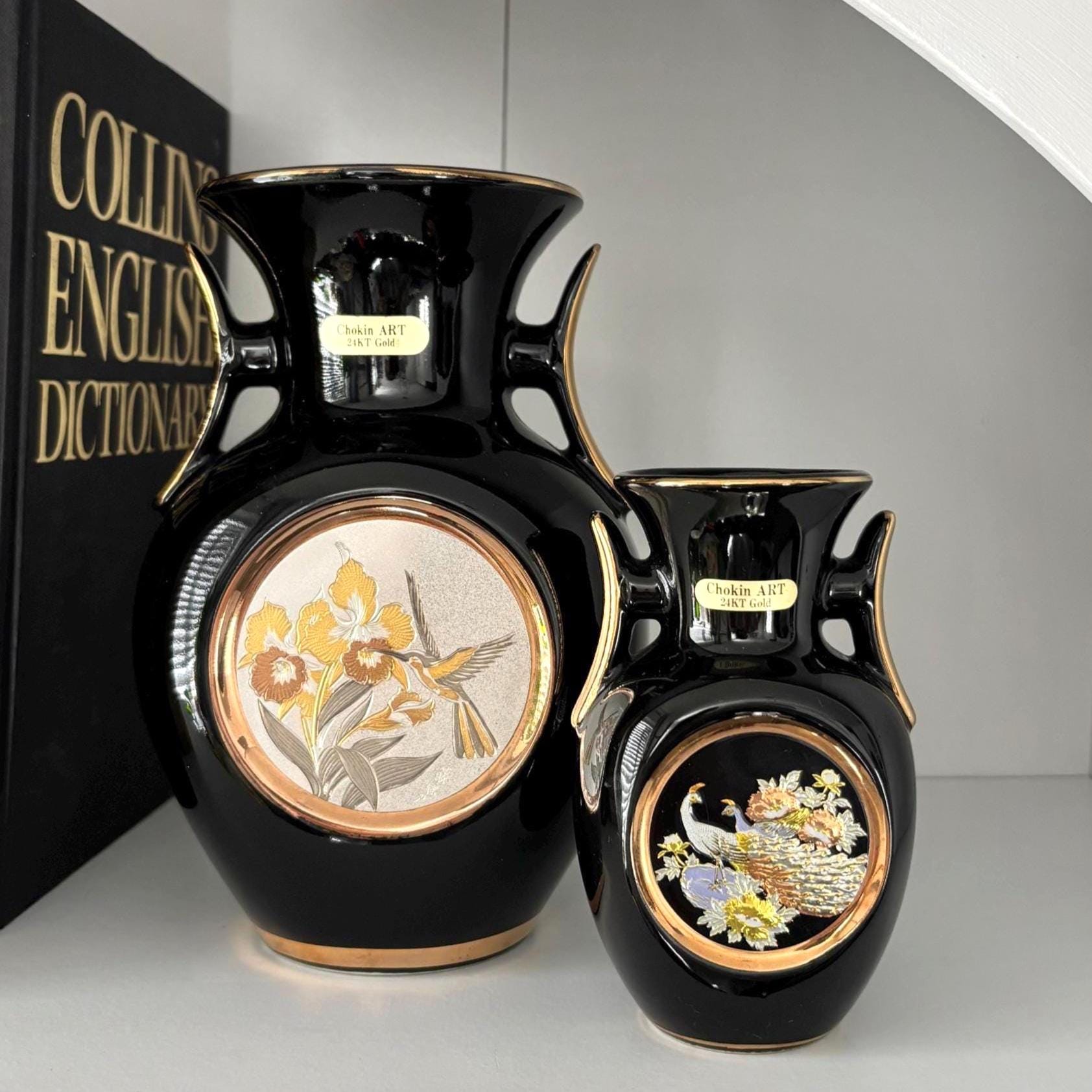 Art of Chokin Vase | Iris & Bird | Small Peacocks | 24k Gold Gilded | Japan