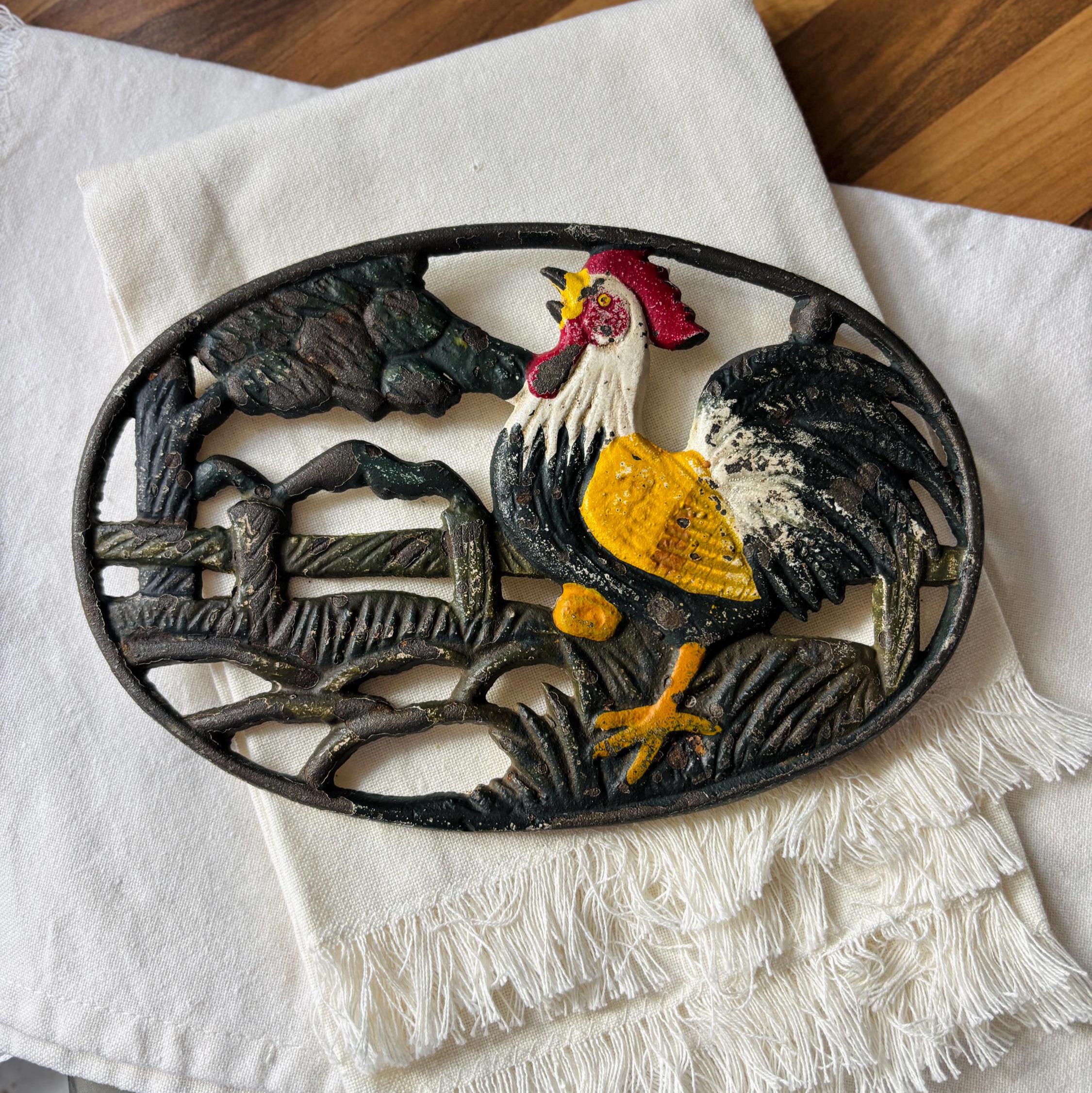 Vintage Cast Iron Rooster Trivet Farmhouse Kitchen Decor Rustic Pan Stand Country Style