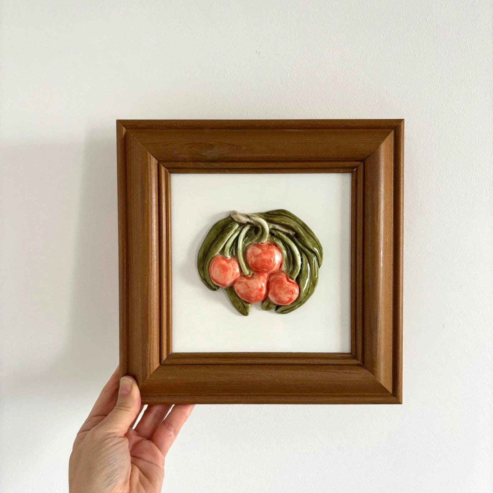 Vintage Framed Ceramic Fruit Tile Wall Art Kitchen Decor Japan Style