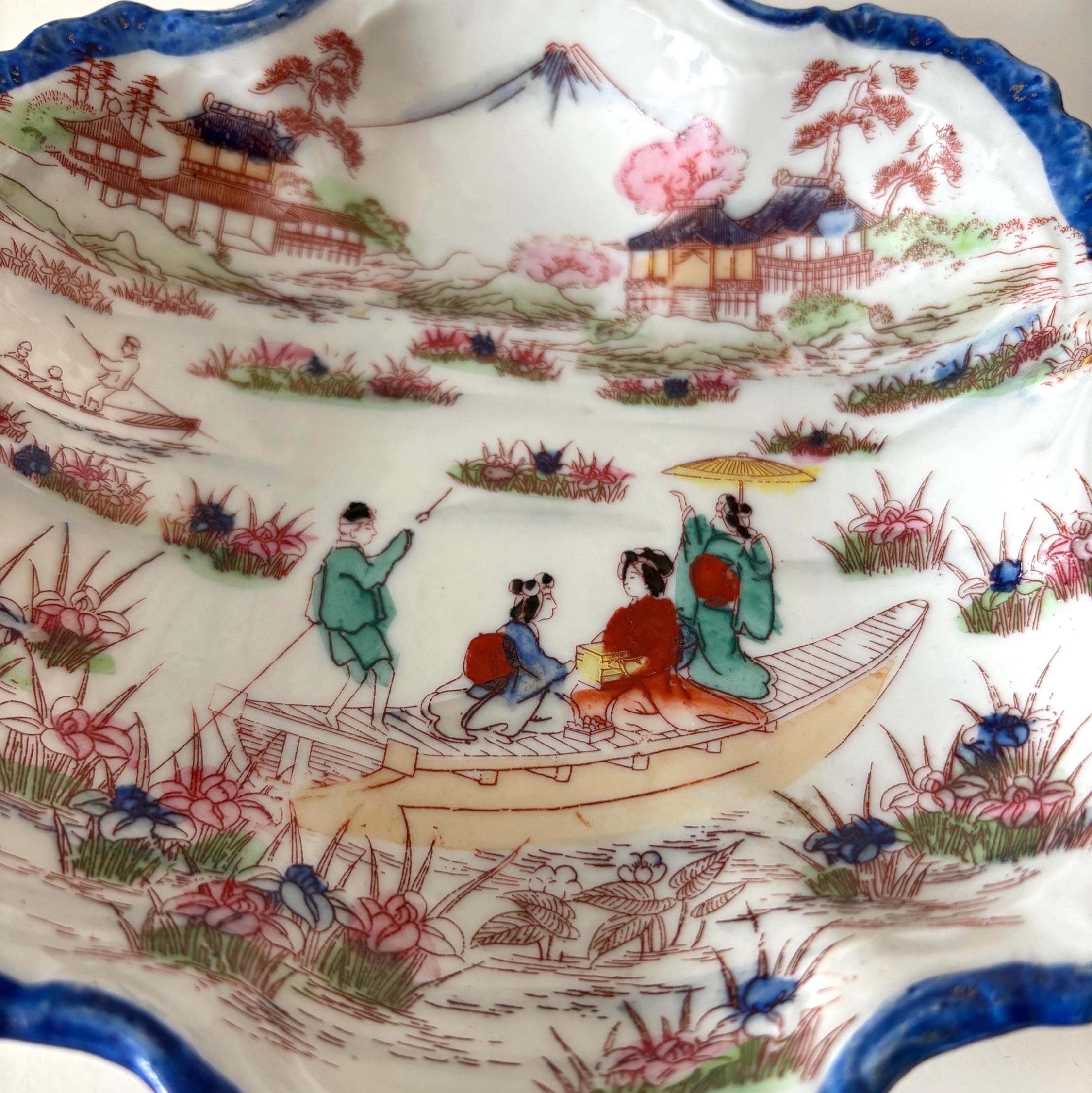 Vintage Japan Porcelain Dish Scenic Geisha Boat Mount Fuji Bowl