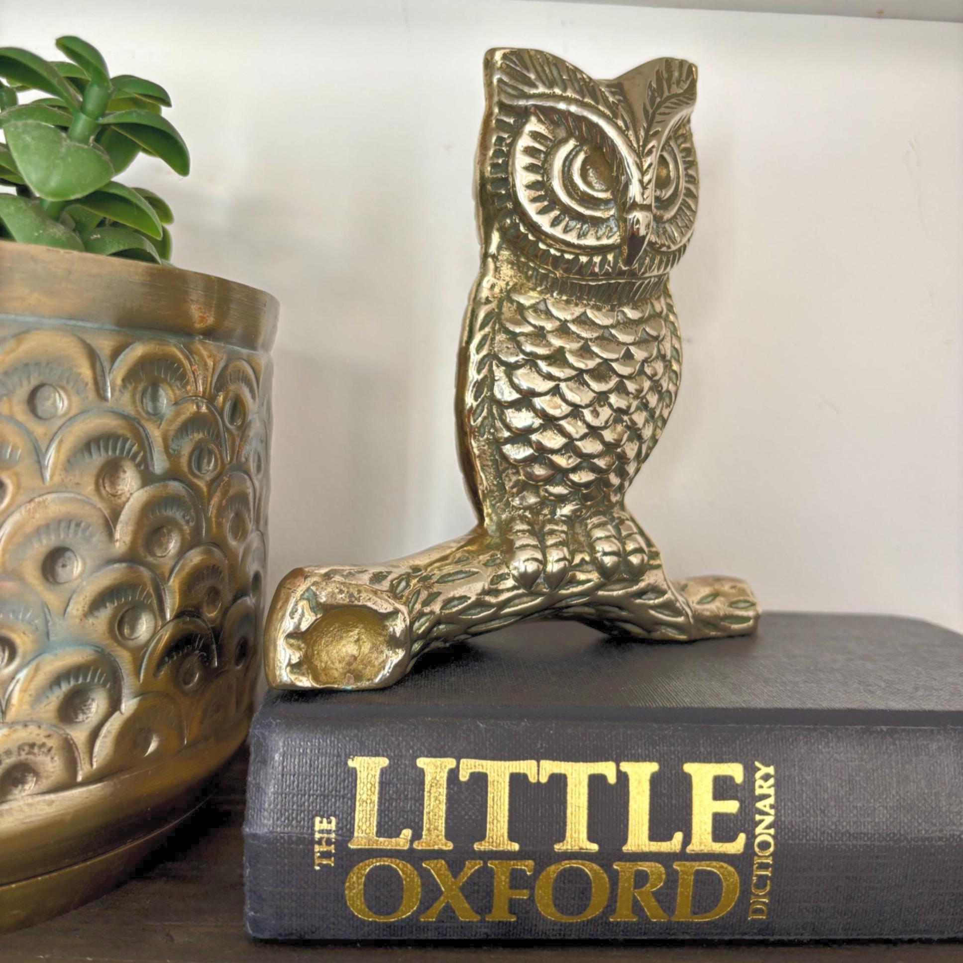 Vintage Solid Brass Owl on Branch Wise Owl Figurine Woodland Bird Sculpture Shelf Decor