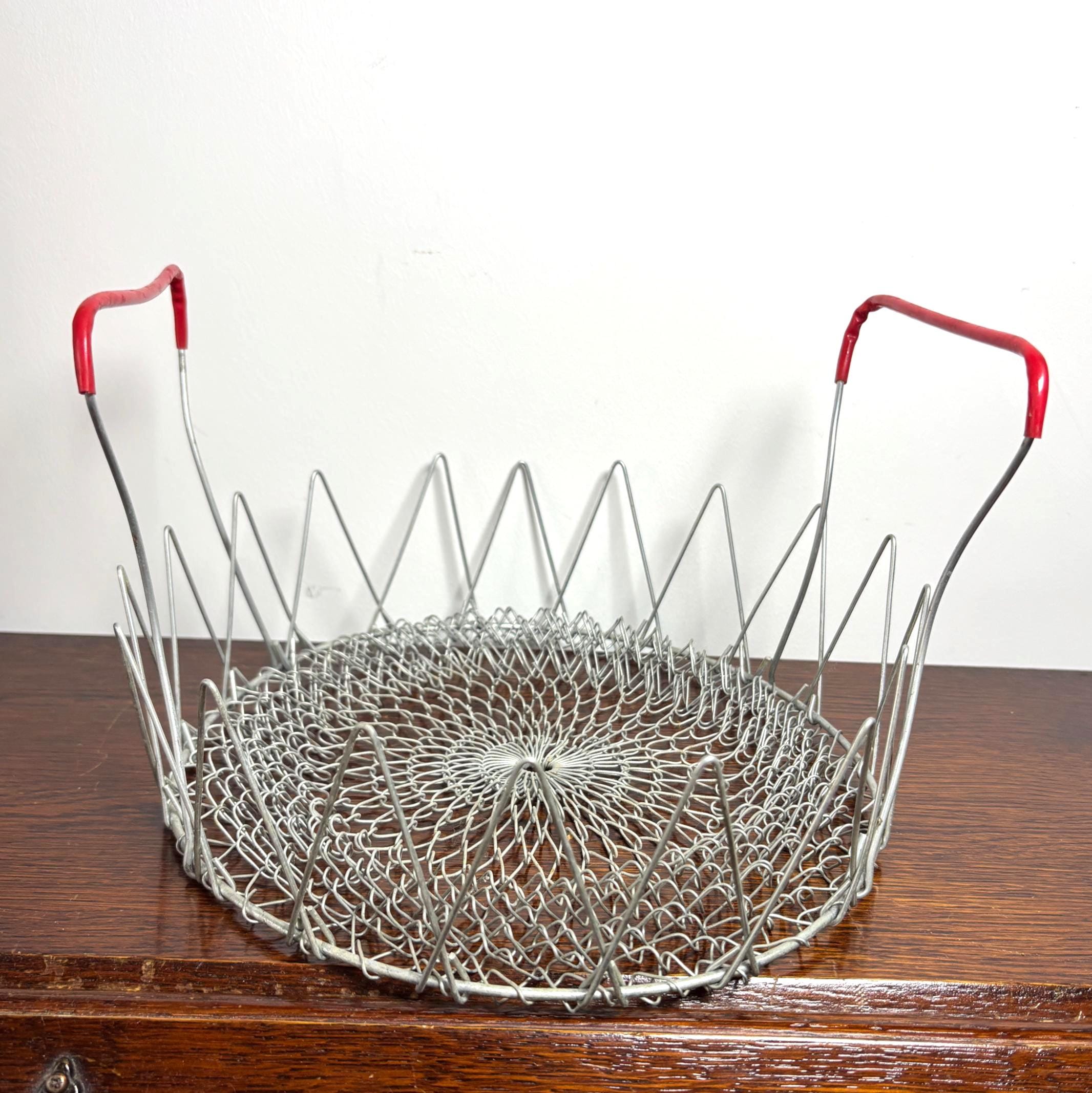 Vintage Collapsible Wire Egg Basket with Red Handle French Style Folding Market Basket