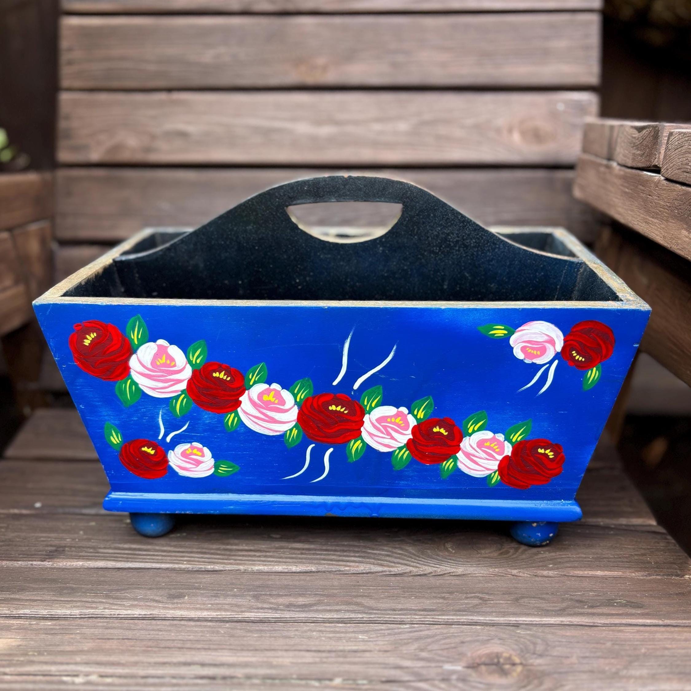 Hand-Painted Wooden Caddy | Folk Art Floral Storage Box