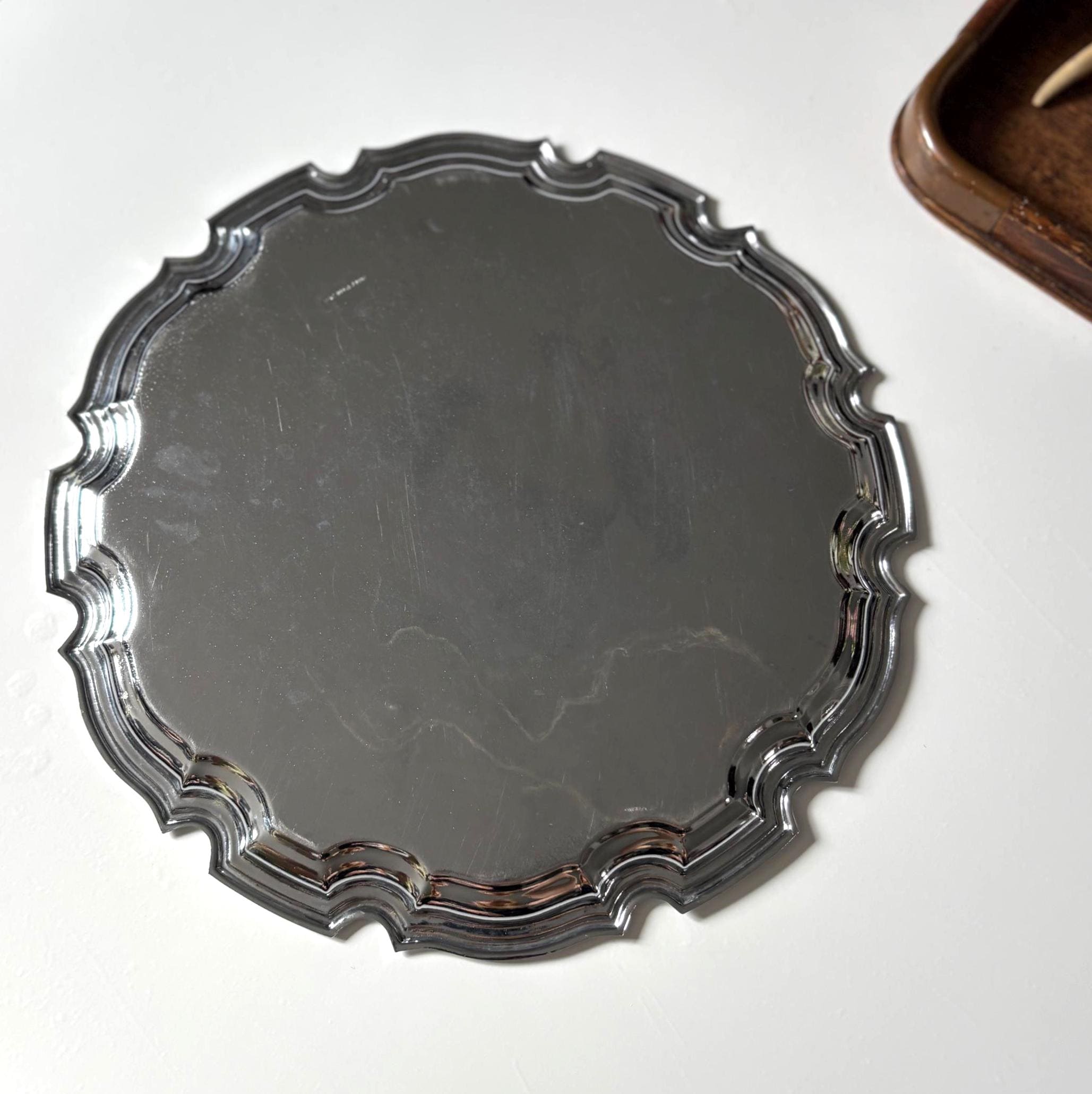 Vintage English Silver Plated Gallery Tray Ornate Scalloped Serving Tray Made in England Round
