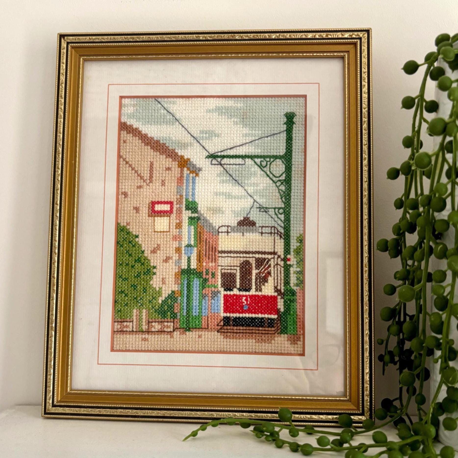 Vintage Framed Cross Stitch: Beamish Tram Embroidery Wall Art