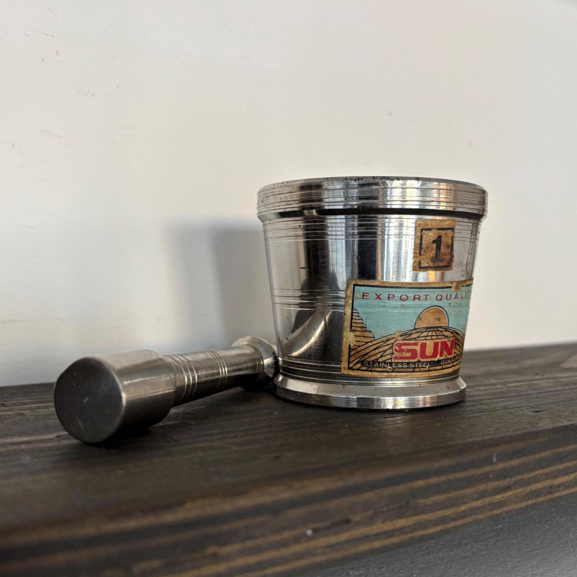 Vintage “SUN” Stainless Steel Mortar and Pestle | Mini Spice Grinder with Original Export Label