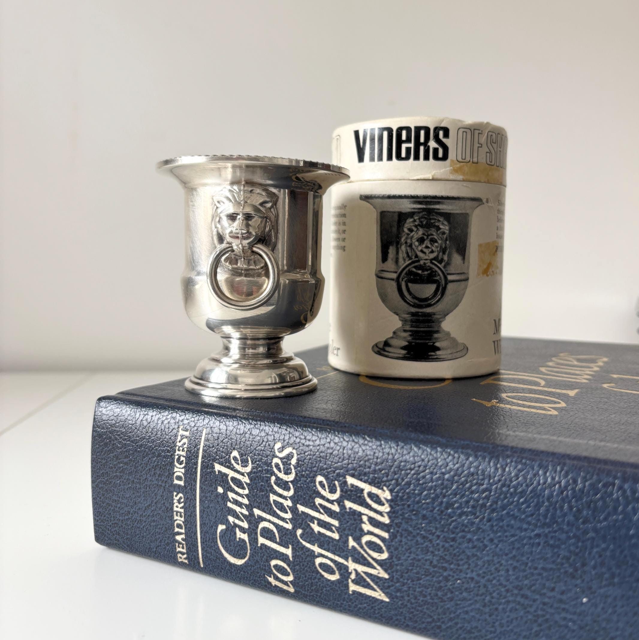 Vintage Viners Sheffield Miniature Wine Cooler Silver Plate Lion Match Holder with Original Box