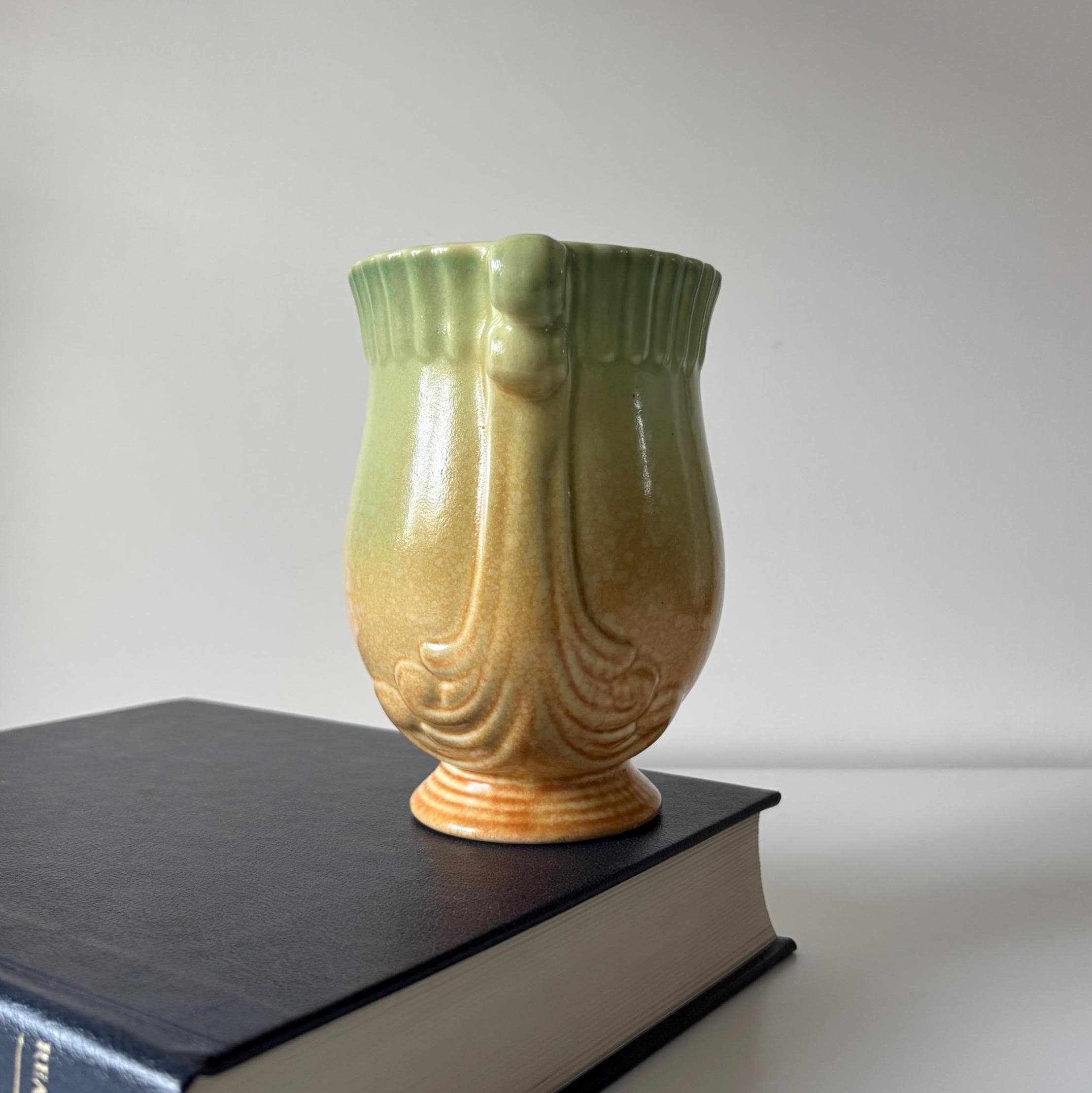 Vintage Crown Devon Art Deco Urn Vase Green Ochre Drip Glaze English Pottery