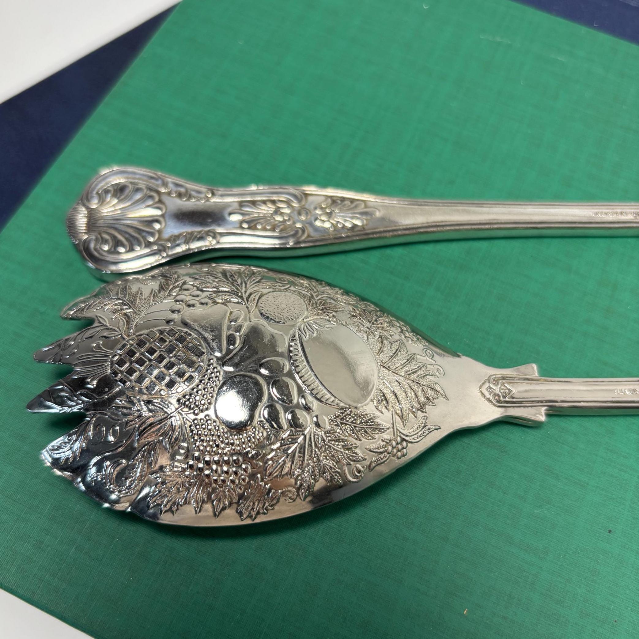 Ornate Vintage Silver Plated Salad Servers Fruit Pattern Victorian Style Serving Spoon Fork Set