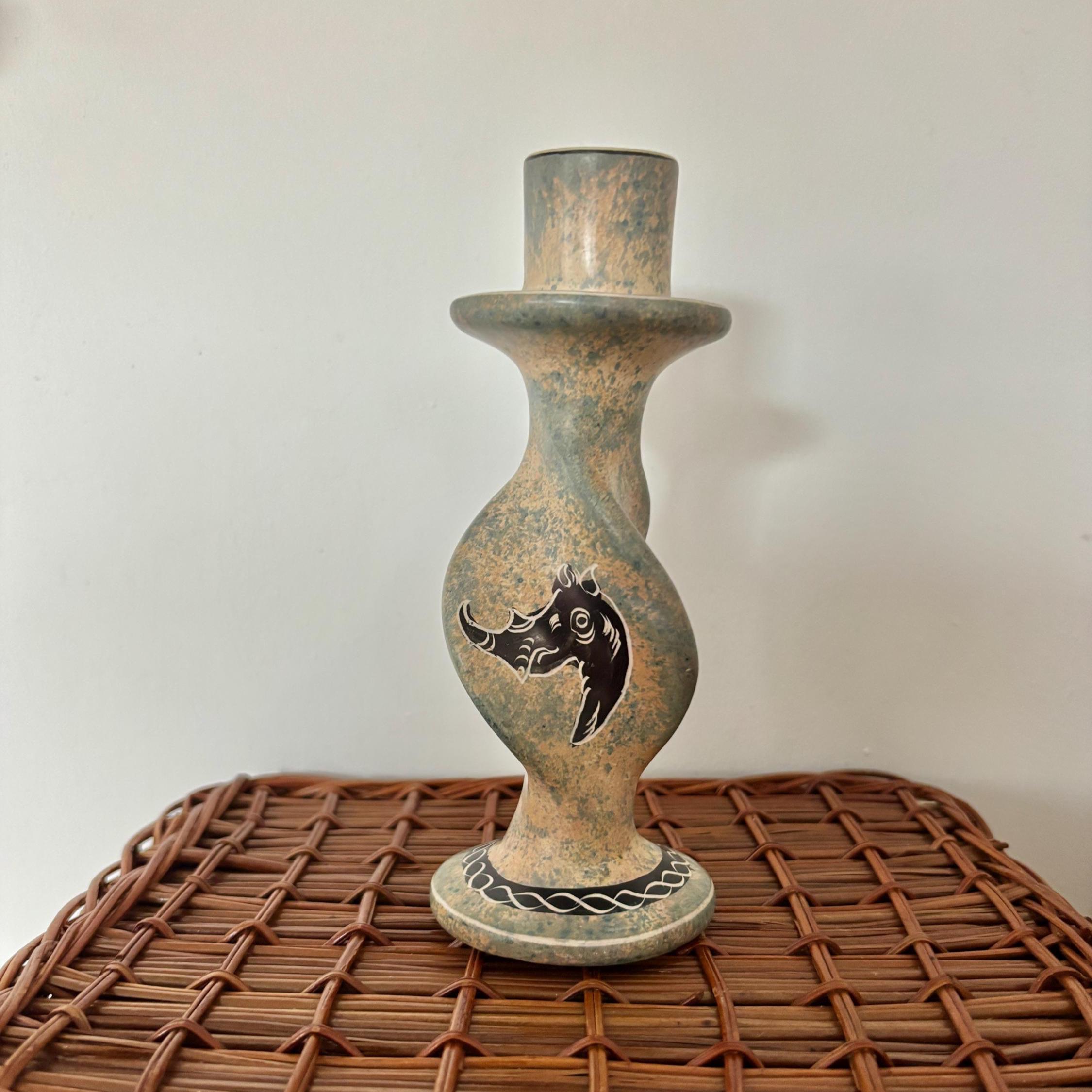 Kisii Soapstone Safari Candlestick | Hand-Carved Kenya | Zebra, Elephant & Rhino | Barley-Twist Taper Holder