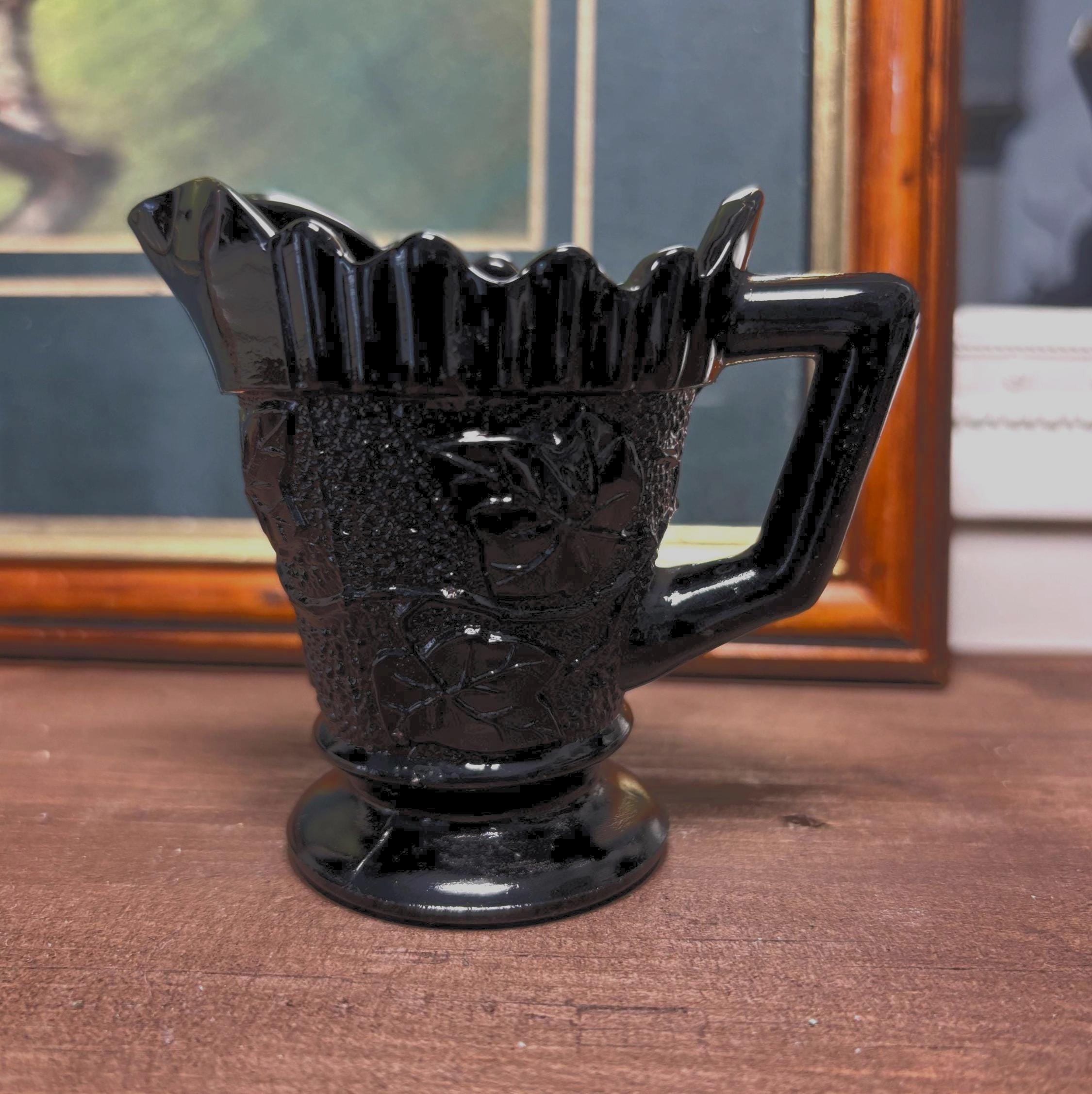 Vintage Black Pressed Glass Creamer Grape Pattern Pedestal Milk Jug