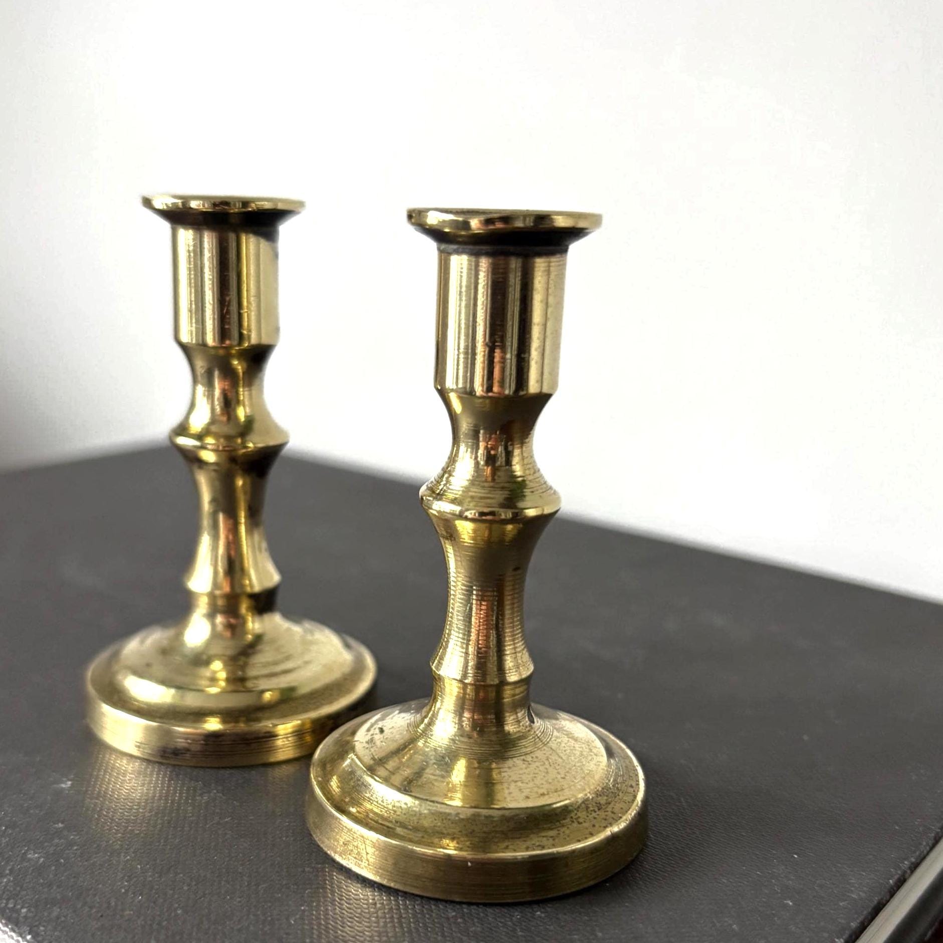 Pair Miniature Brass Candlesticks 7.5cm Small Taper Candle Holders Vintage Decor