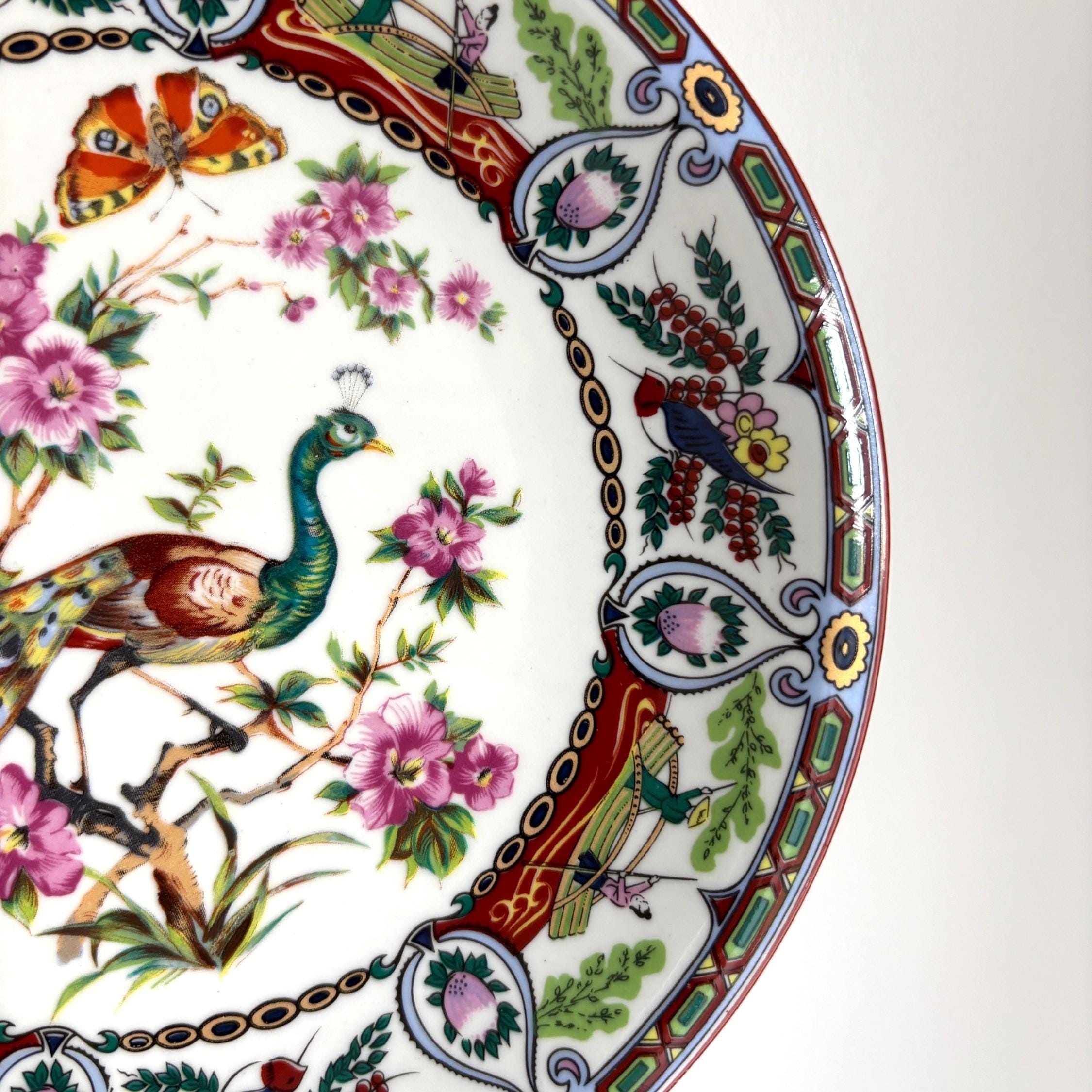 Vintage Famille Rose Peacock Plate: Asian Porcelain Wall Decor
