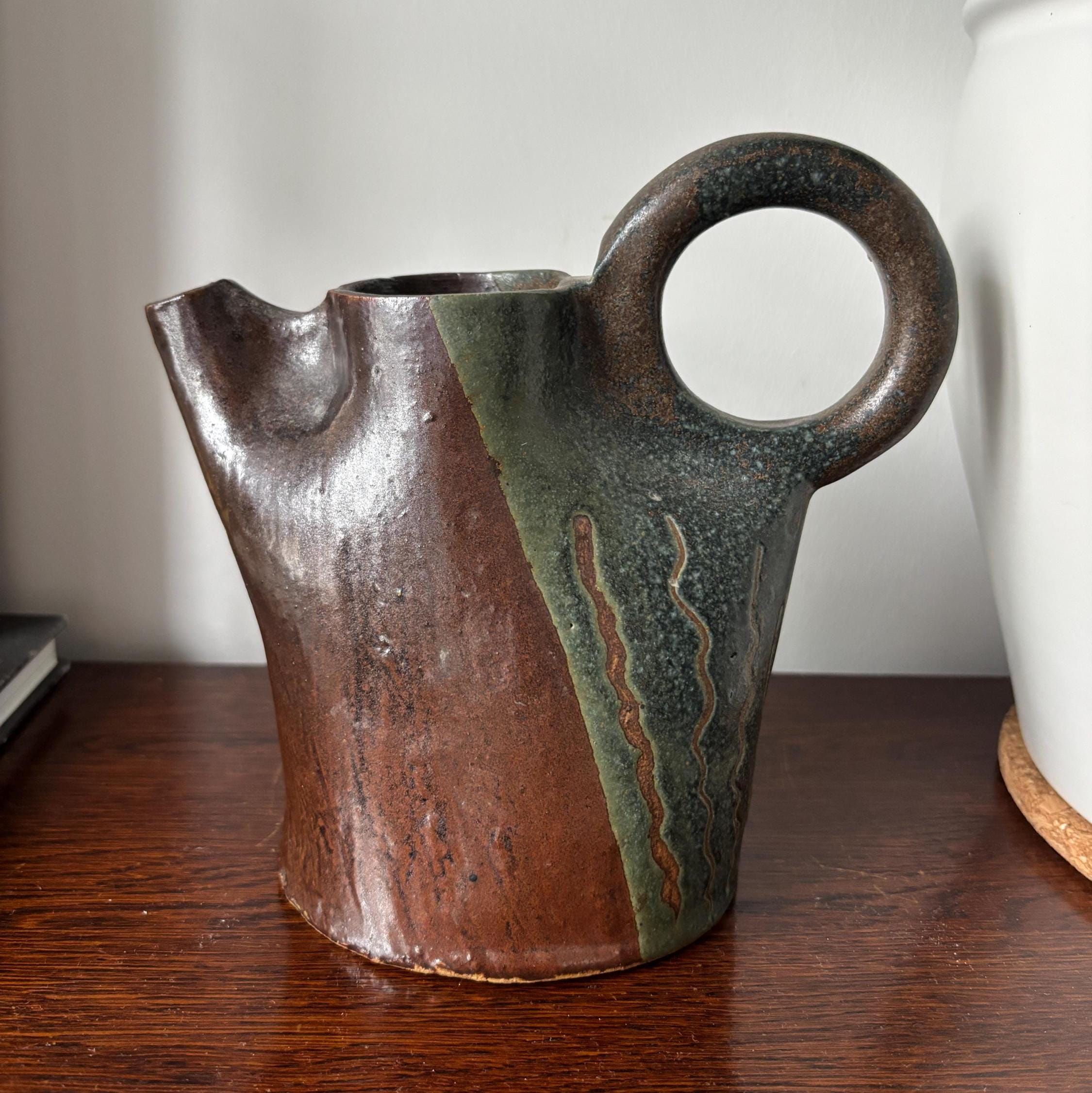 Vintage Studio Pottery Jug Sculptural Ceramic Pitcher Mid Century Art Vase Rustic Decor