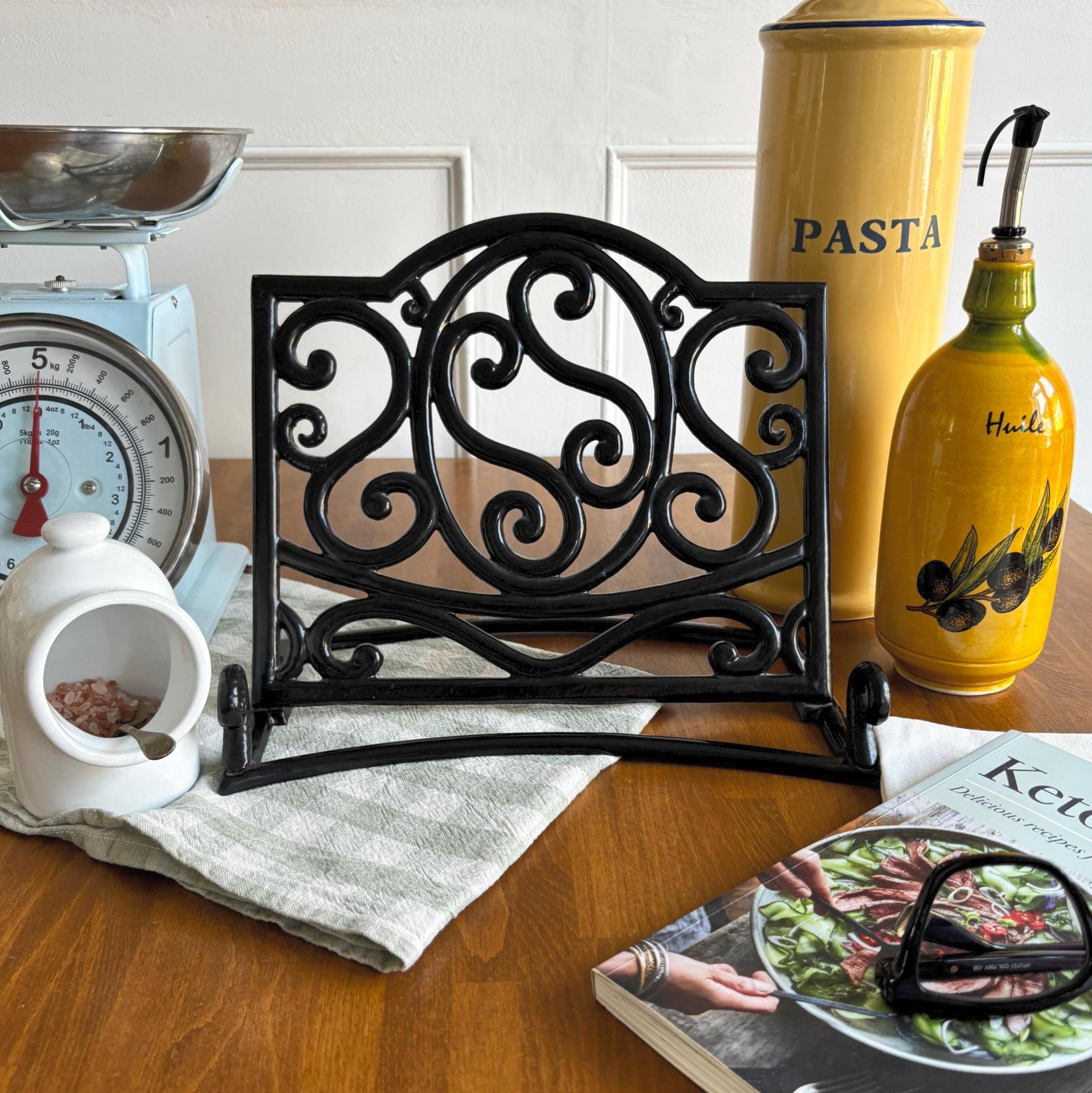 Vintage Wrought Iron Cookbook Stand Black Scrollwork Recipe Holder Kitchen Display Easel Decor