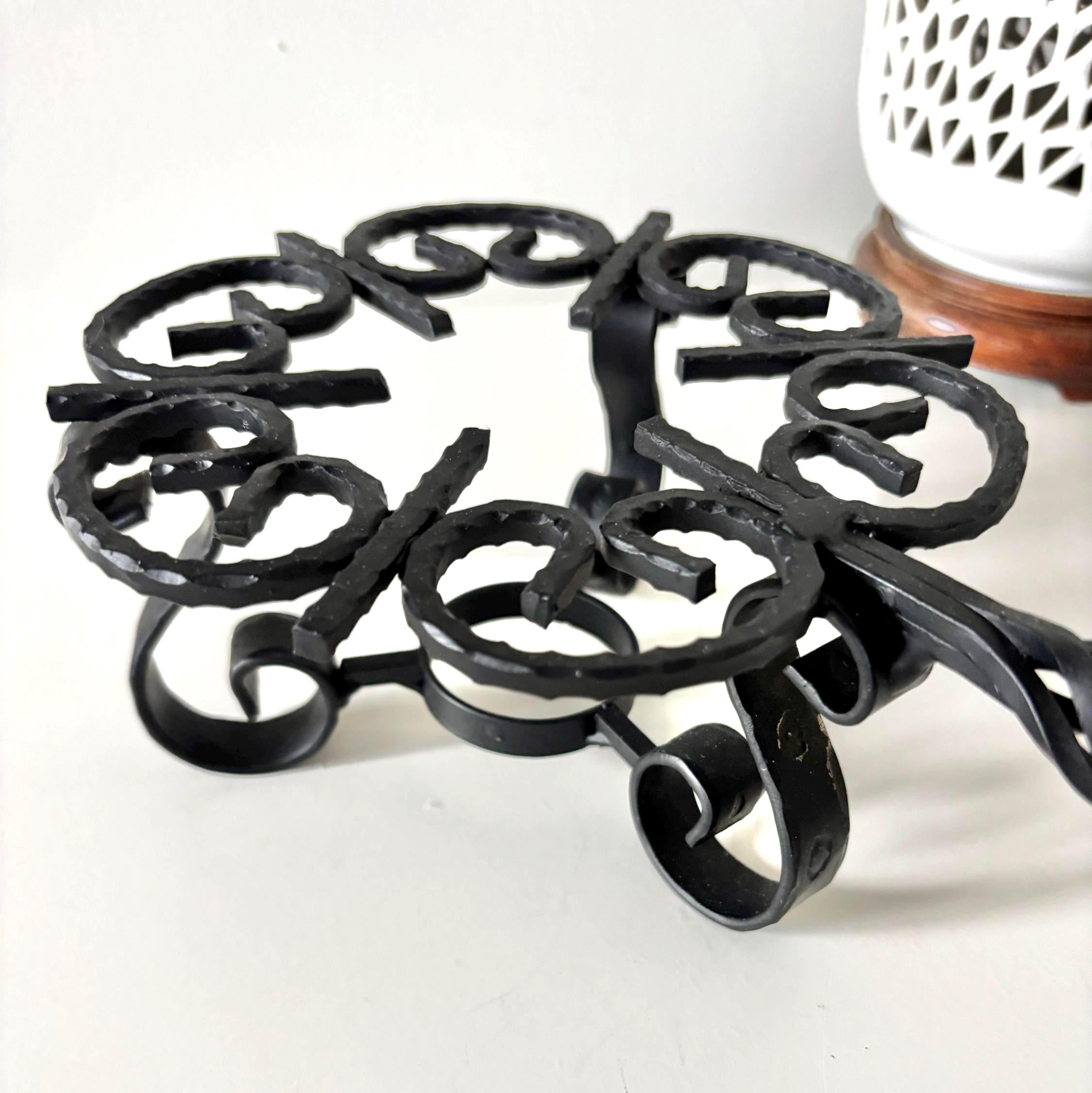 Vintage Wrought Iron Trivet Stand with Twisted Handle, Rustic Candle or Pot Holder
