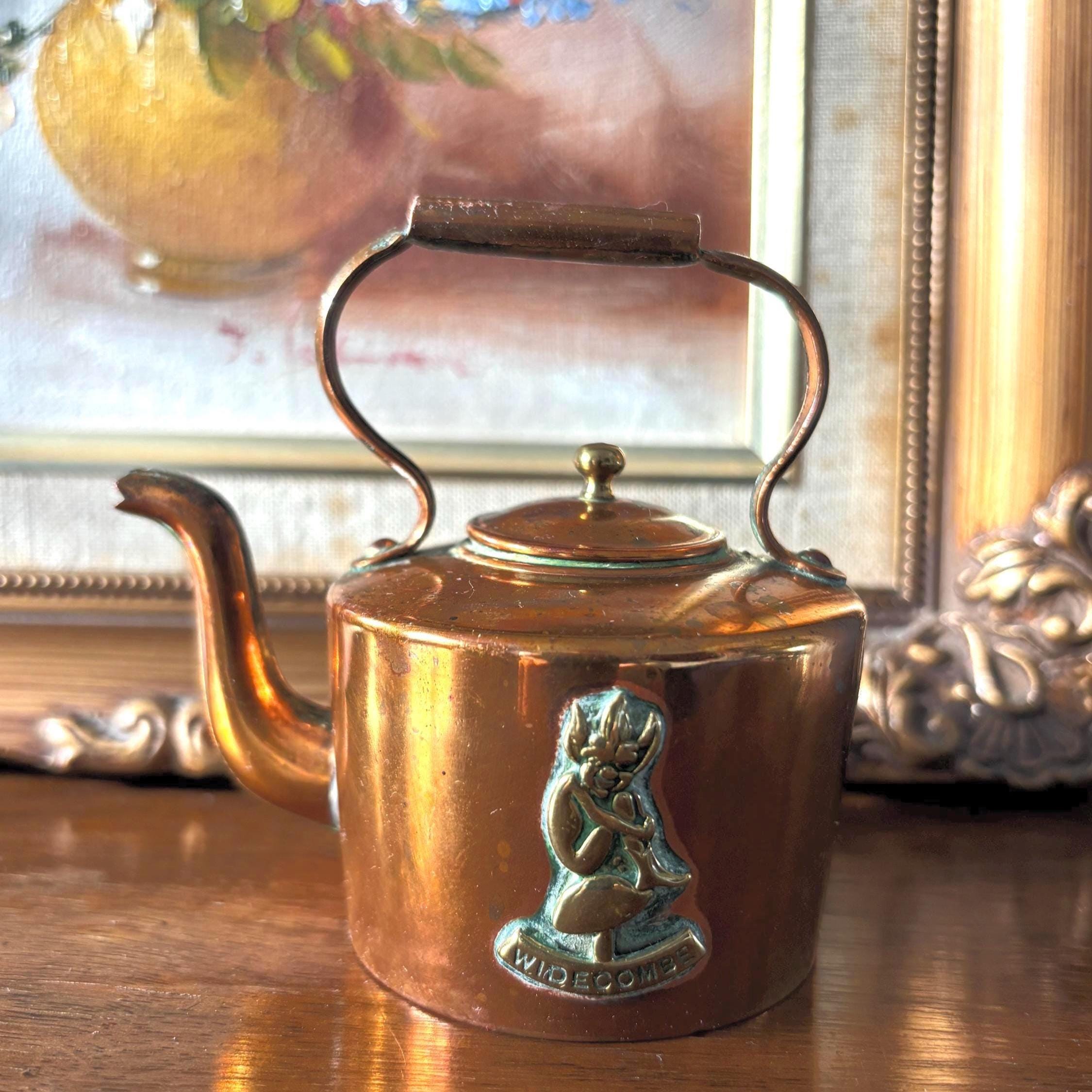 Vintage Mini Copper Kettle Brass Accents Widecombe Teapot Cottage Core Kitchen Decor Collectible