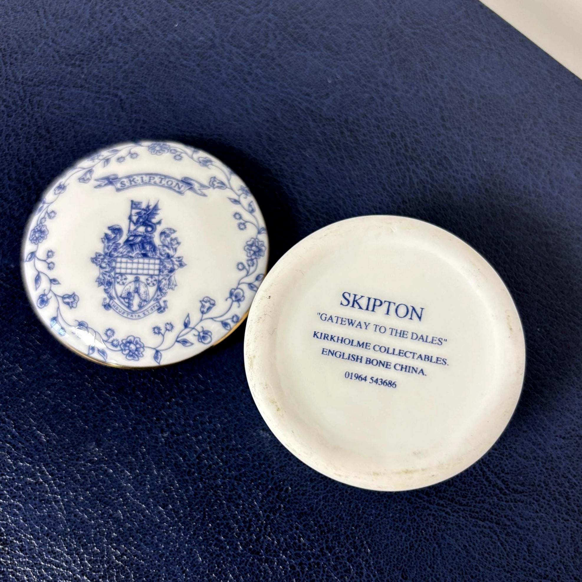 Vintage Skipton Bone China Trinket Box English Lidded Pot Blue White Floral Collectable