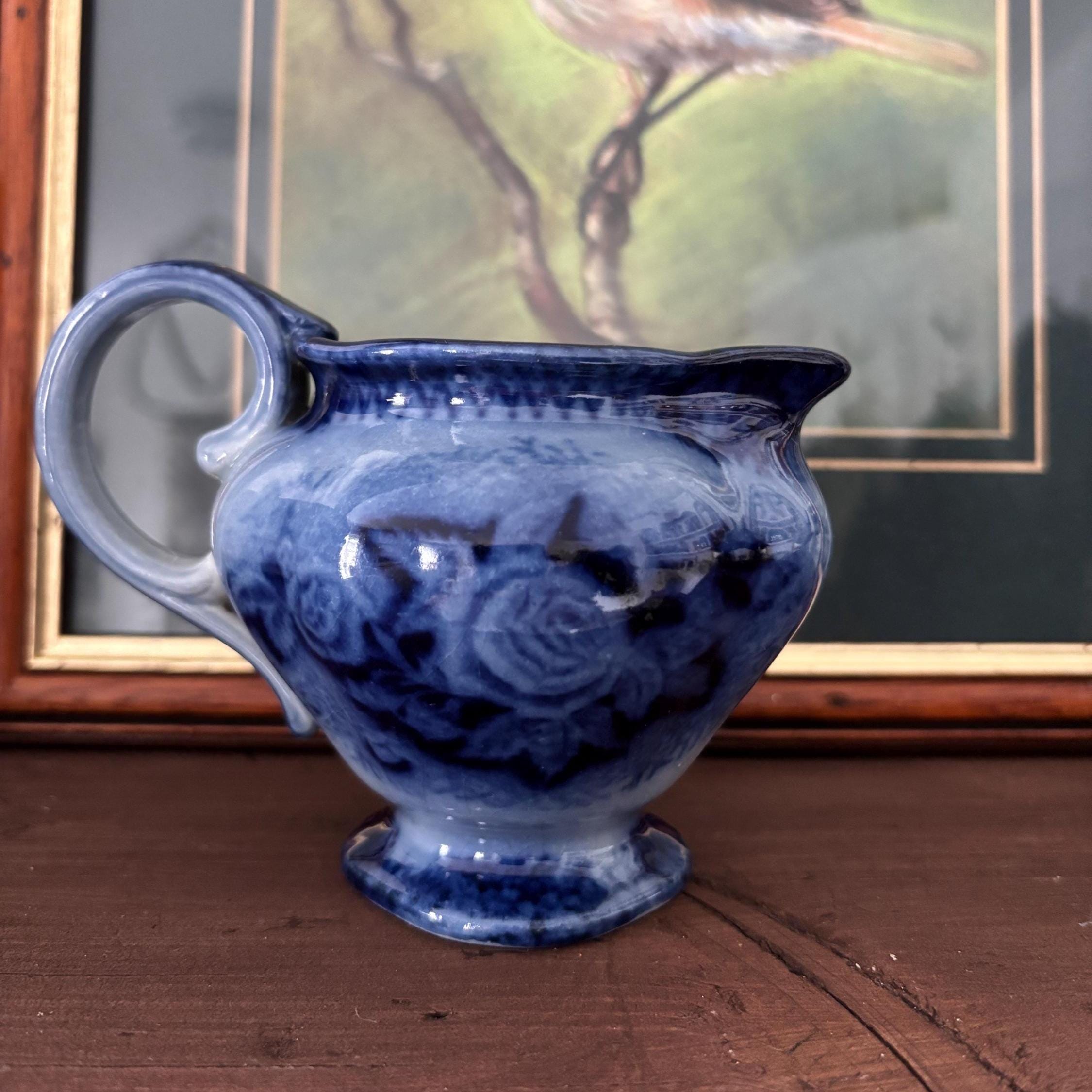 Vintage Blue and White Pottery Creamer Jug, Flow Blue Style Pedestal Milk Pitcher Floral