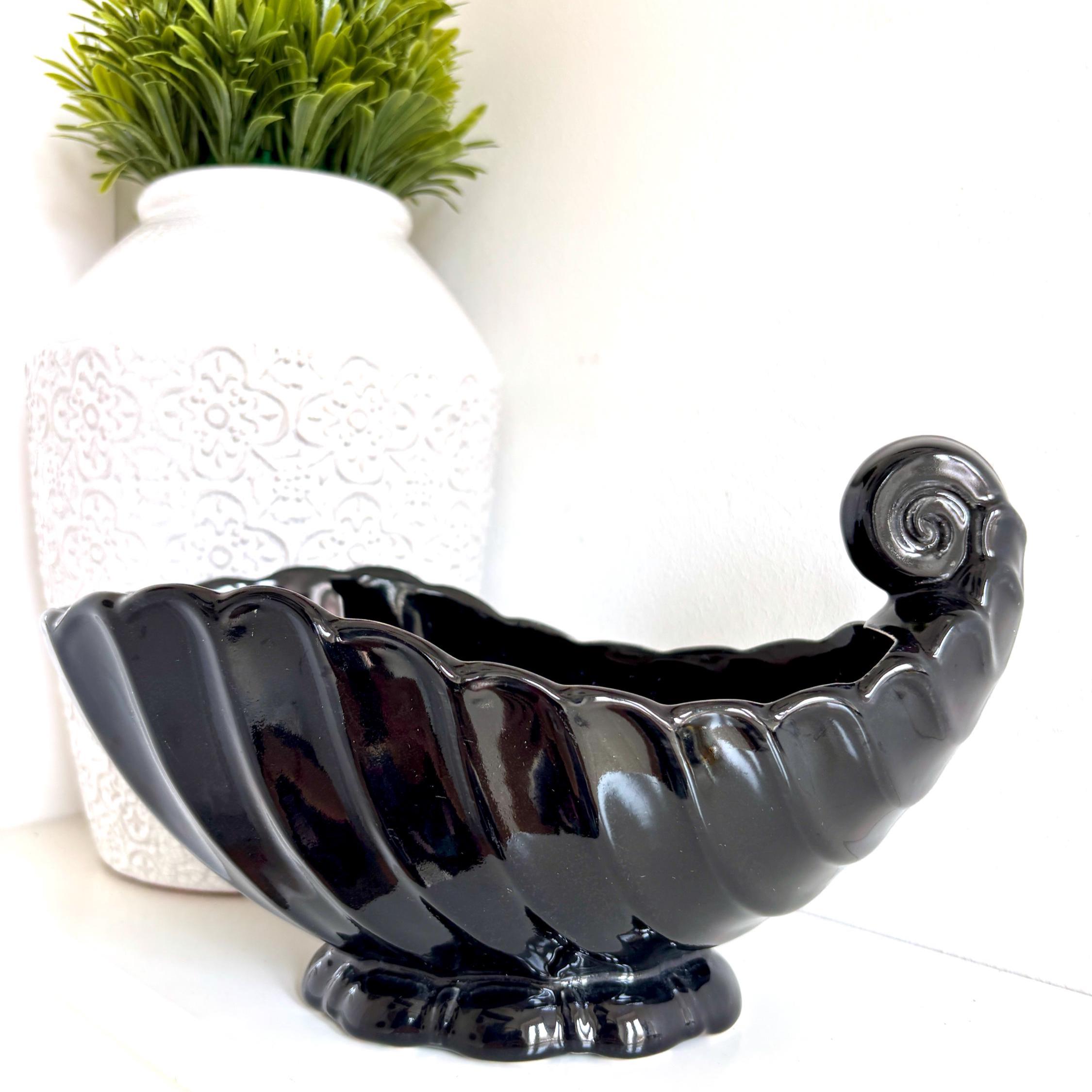 Vintage Black Ceramic Shell Vase: Mid-Century Modern Coastal Decor