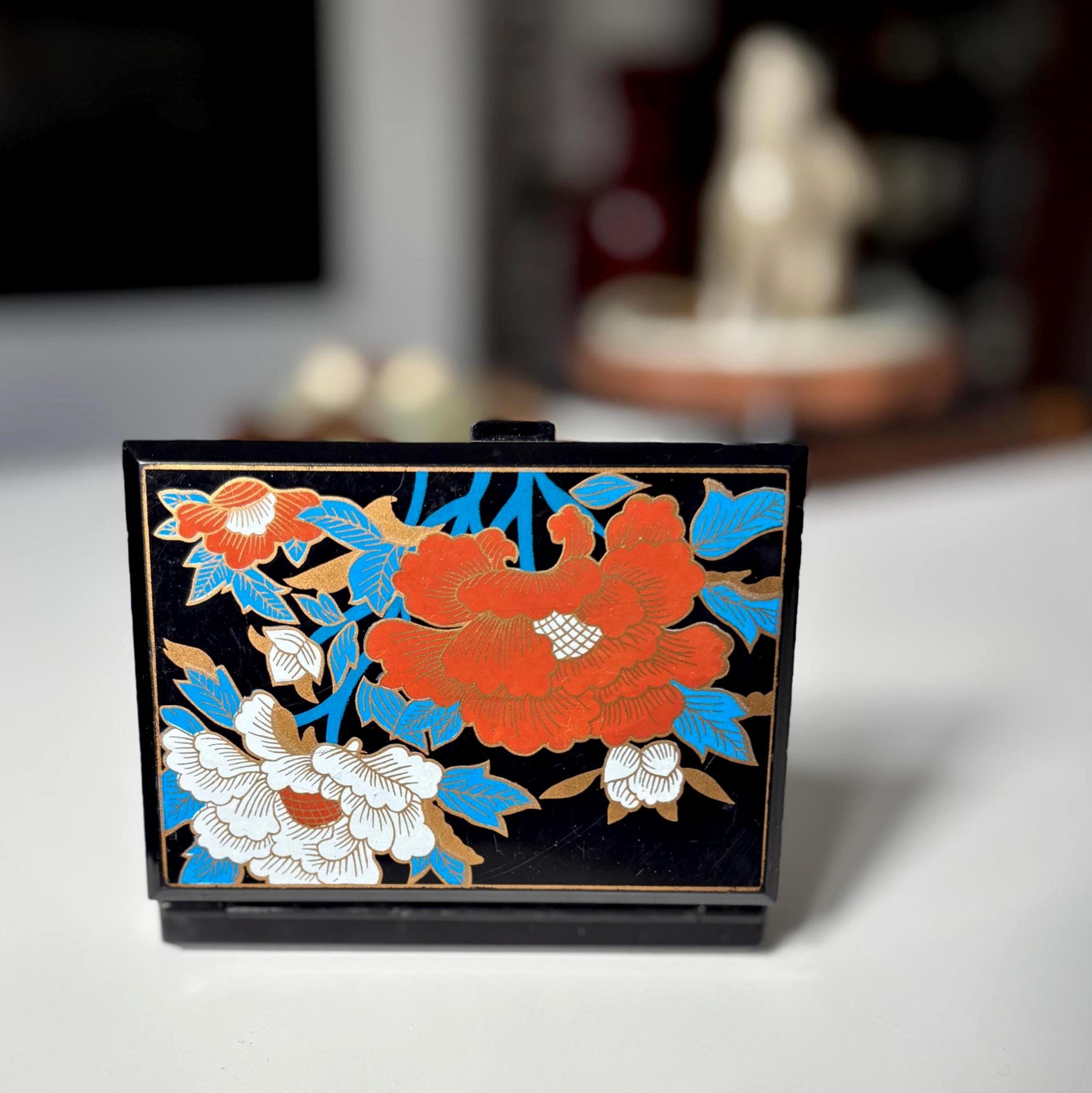 Vintage Floral Lacquer Style Compact Mirror Tissue Case Vanity Travel Accessory Gift