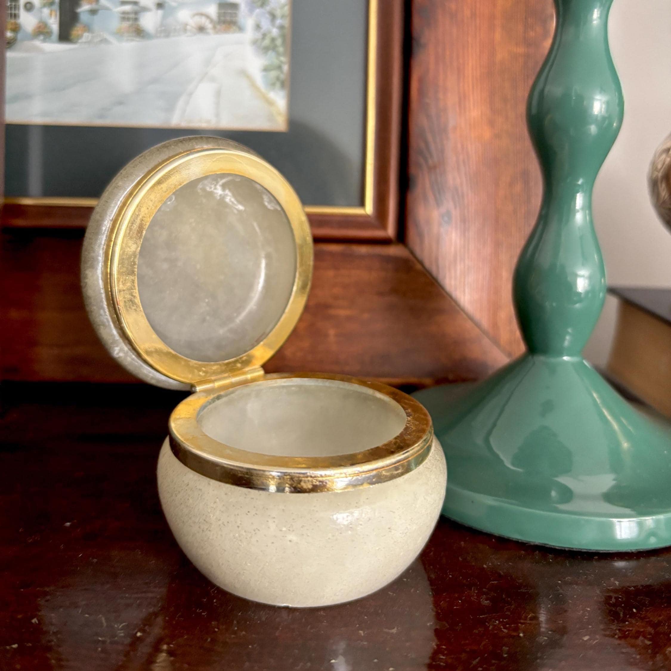 Vintage Alabaster Trinket Box: Floral Design, Italian Stone, 70s Decor