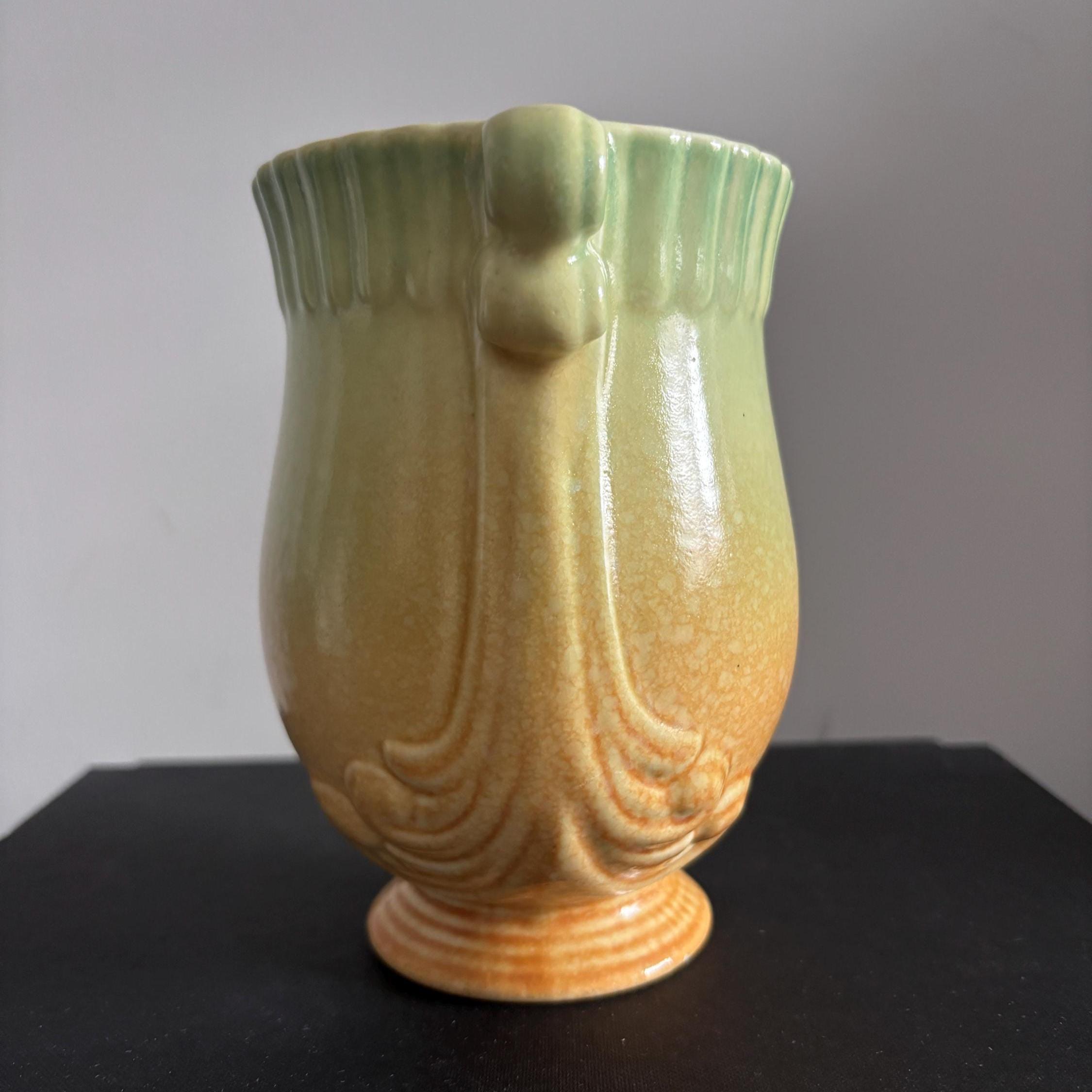 Vintage Crown Devon Art Deco Urn Vase Green Ochre Drip Glaze English Pottery