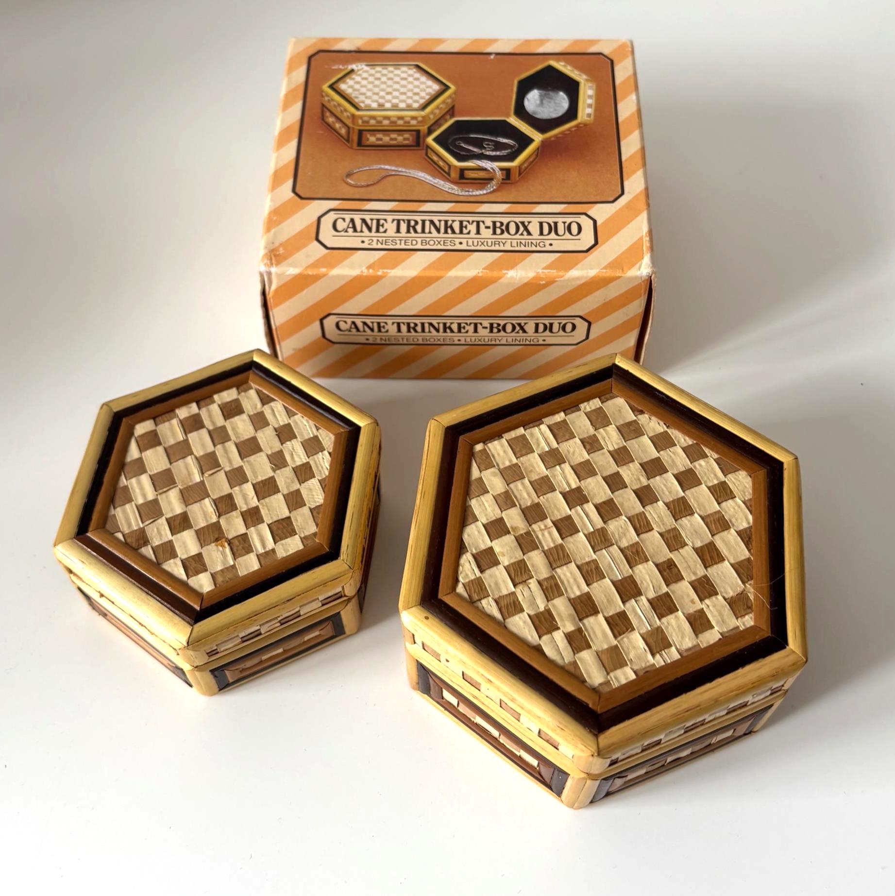 Vintage Cane Trinket Box Duo With Original Box And Velvet Lining