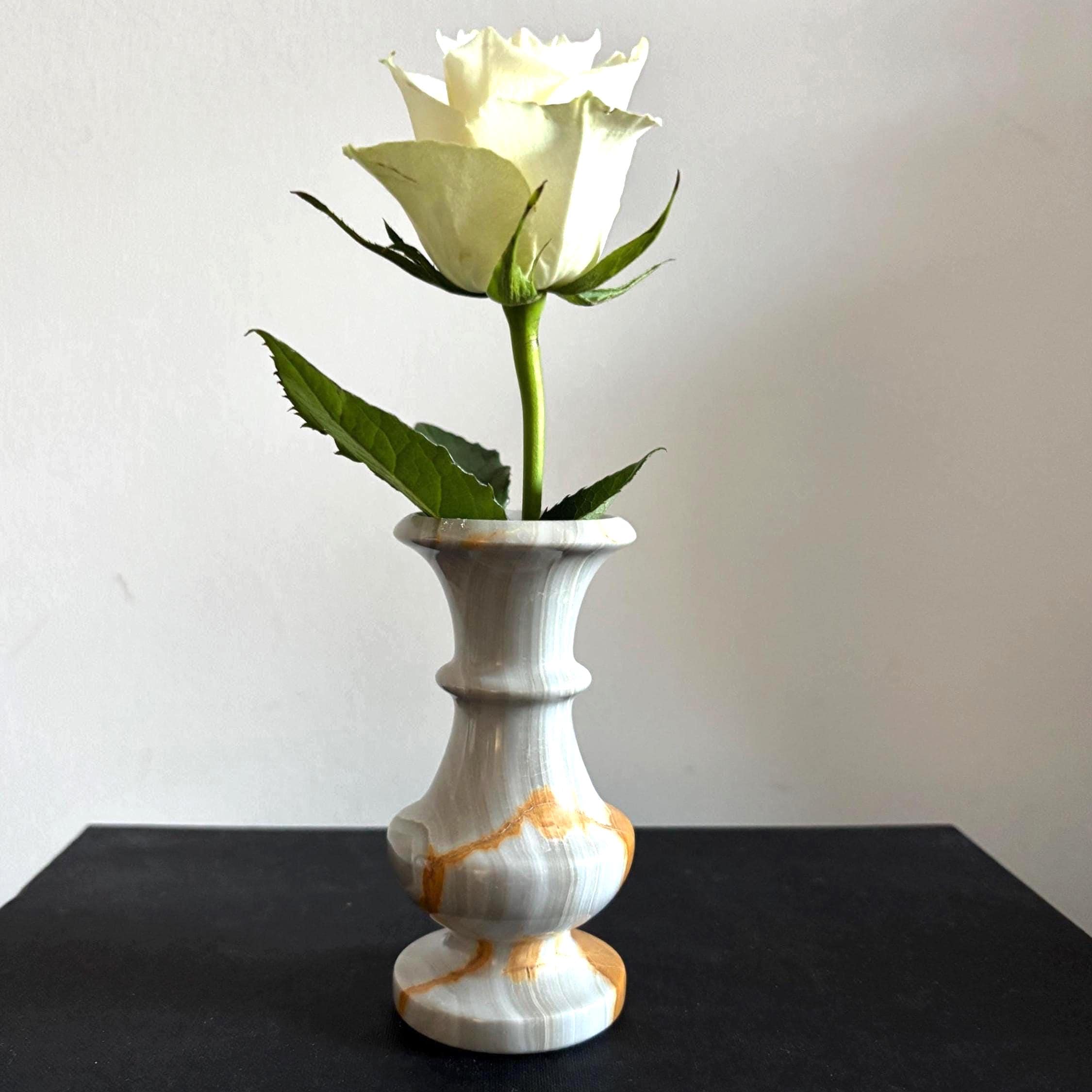 Hand-Carved Onyx Bud Vase: Grey & Amber Turkish Stone