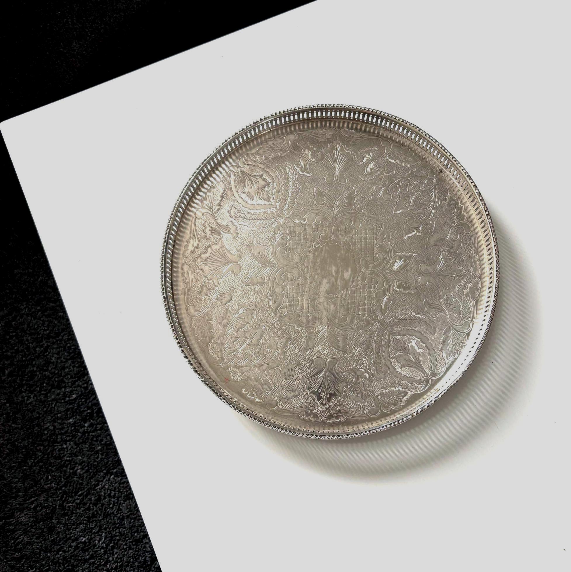 Vintage English Silver Plate on Copper Gallery Tray Ornate Round Serving Tray