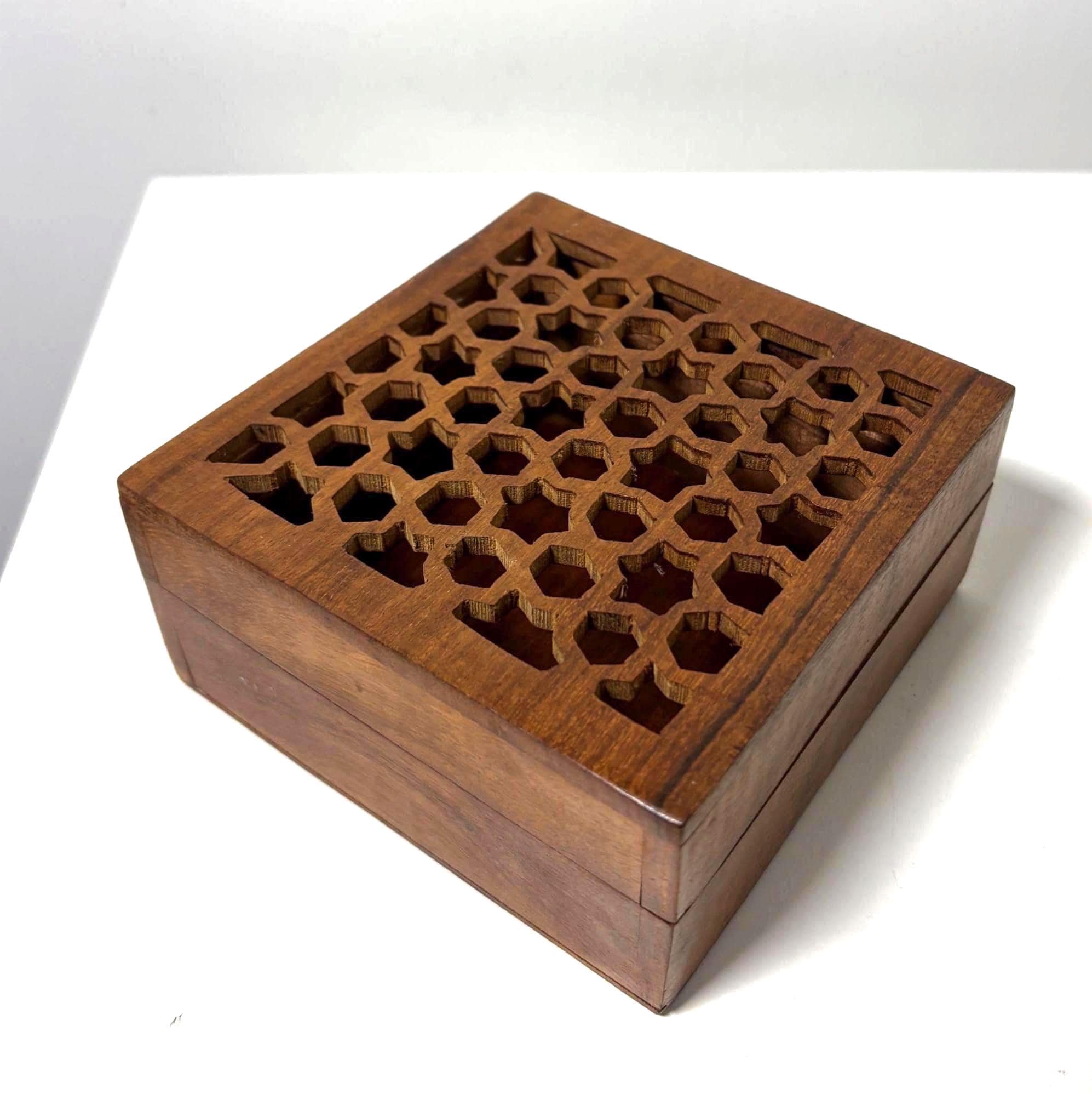 Vintage Hand Carved Wooden Trinket Box with Geometric Lattice Lid, Decorative Storage