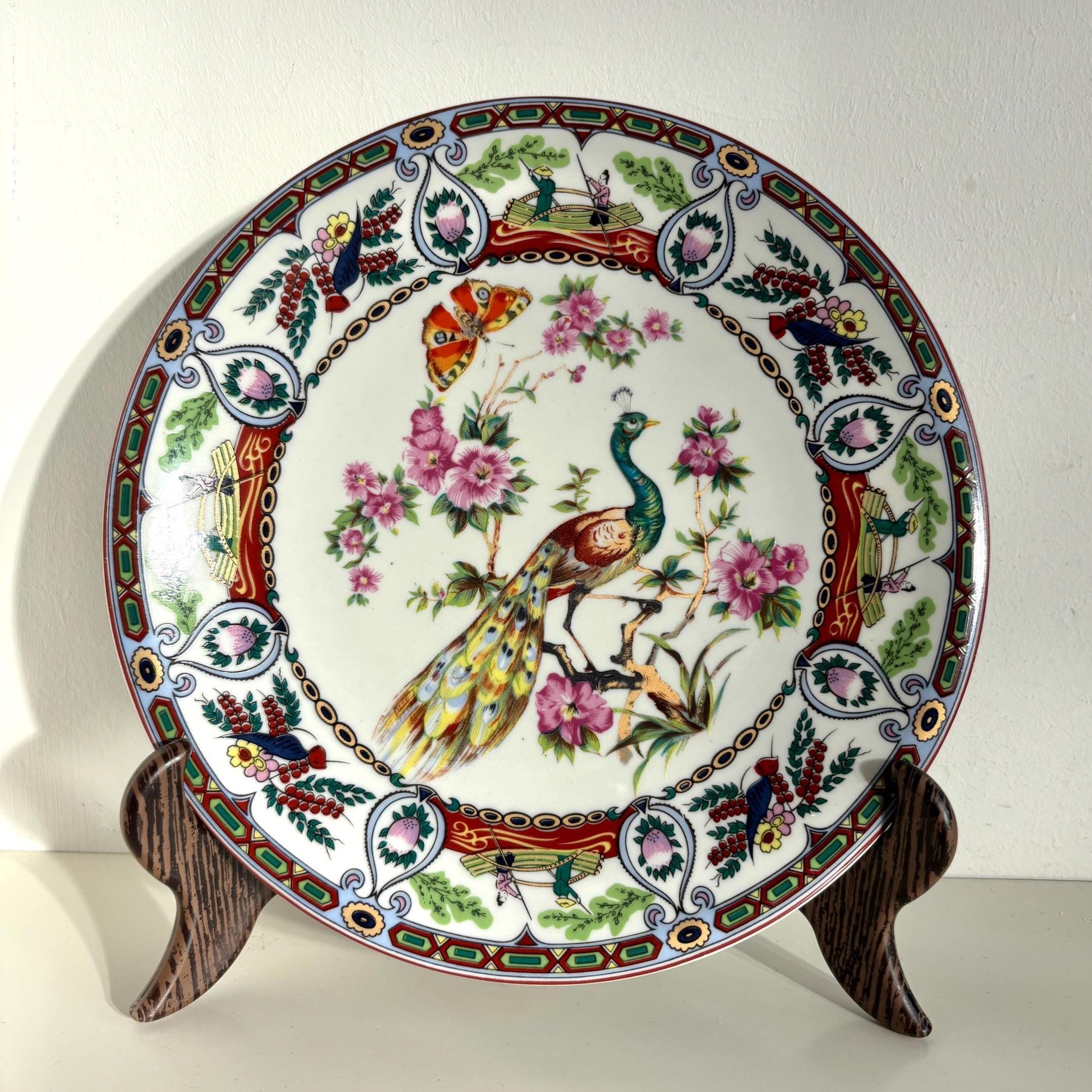 Vintage Famille Rose Peacock Plate: Asian Porcelain Wall Decor