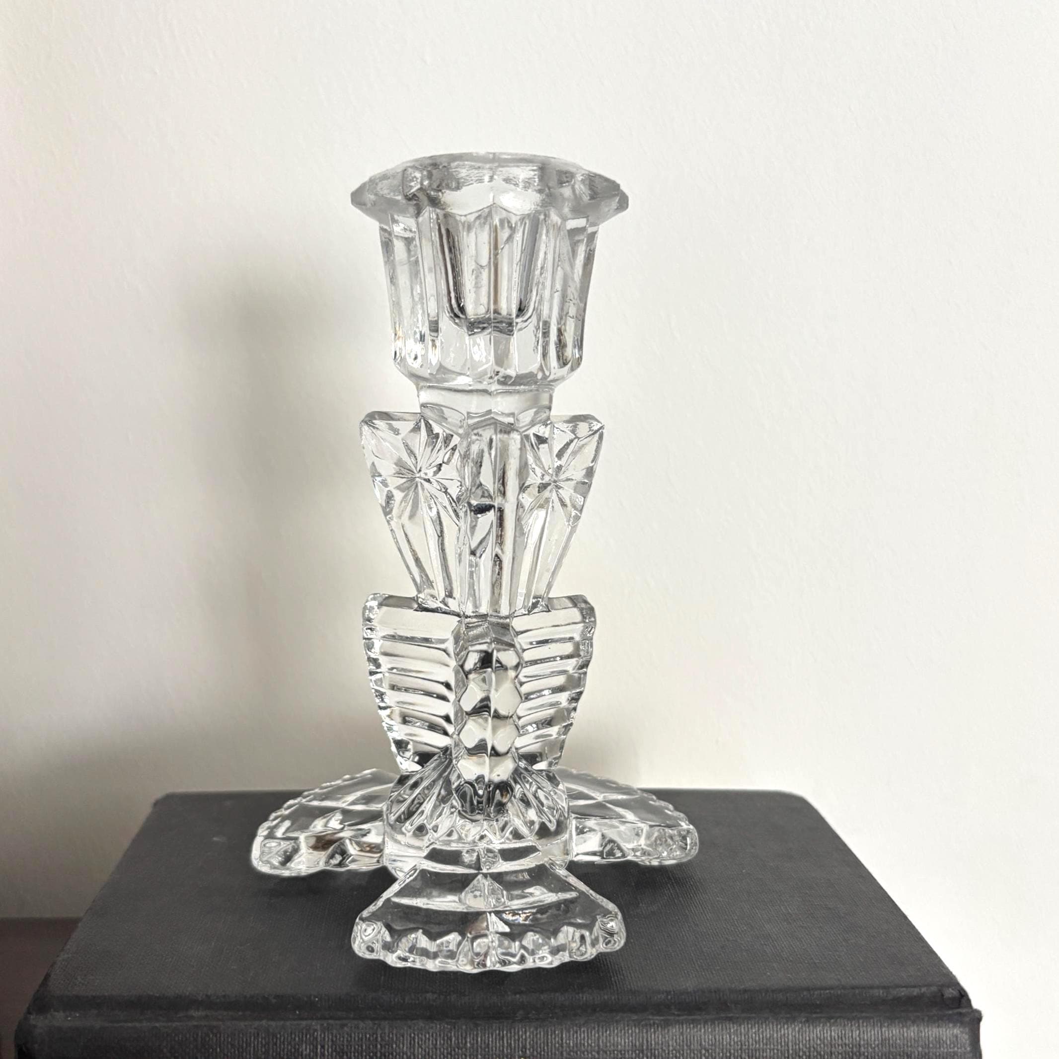 Vintage Art Deco Glass Candlestick: Bagley Duchess Design, 1930s Clear Glass