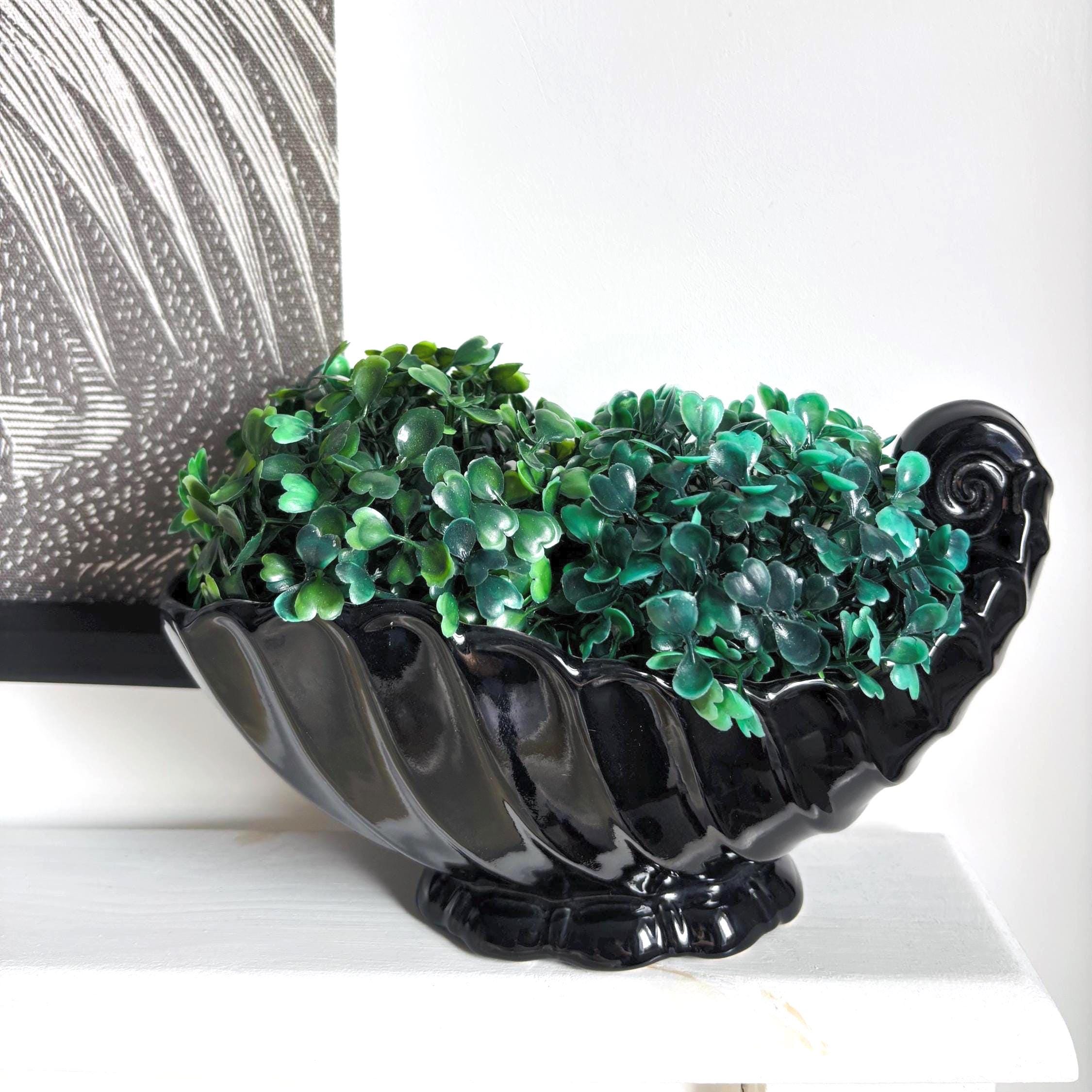 Vintage Black Ceramic Shell Vase: Mid-Century Modern Coastal Decor