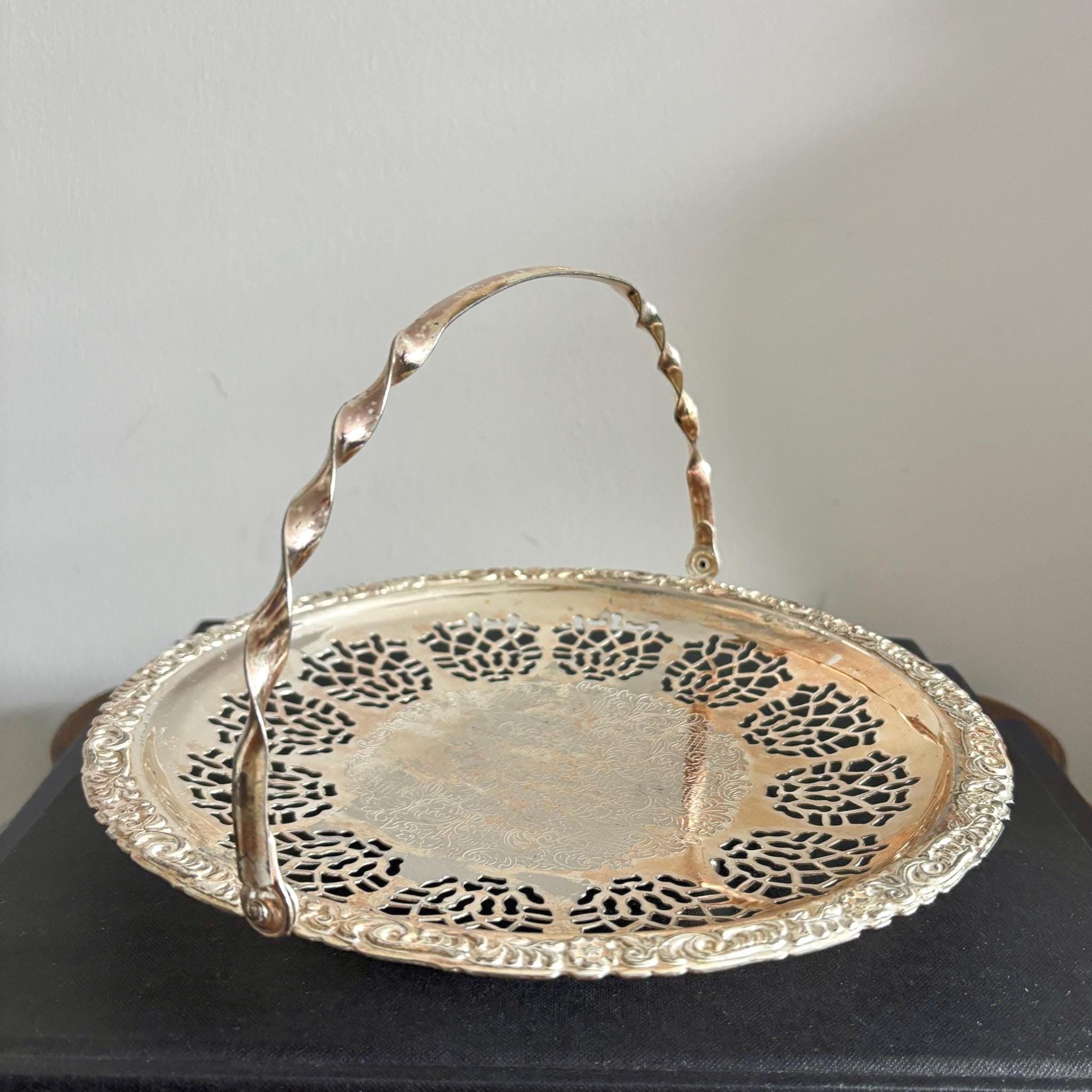 Vintage Silver Plated Pierced Basket Tray with Swing Handle