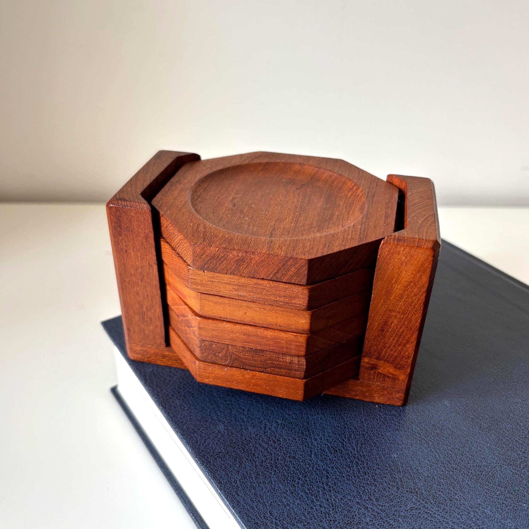 Vintage Teak Coaster Set – Danish Mid Century Modern Wooden Barware (Set of 6)