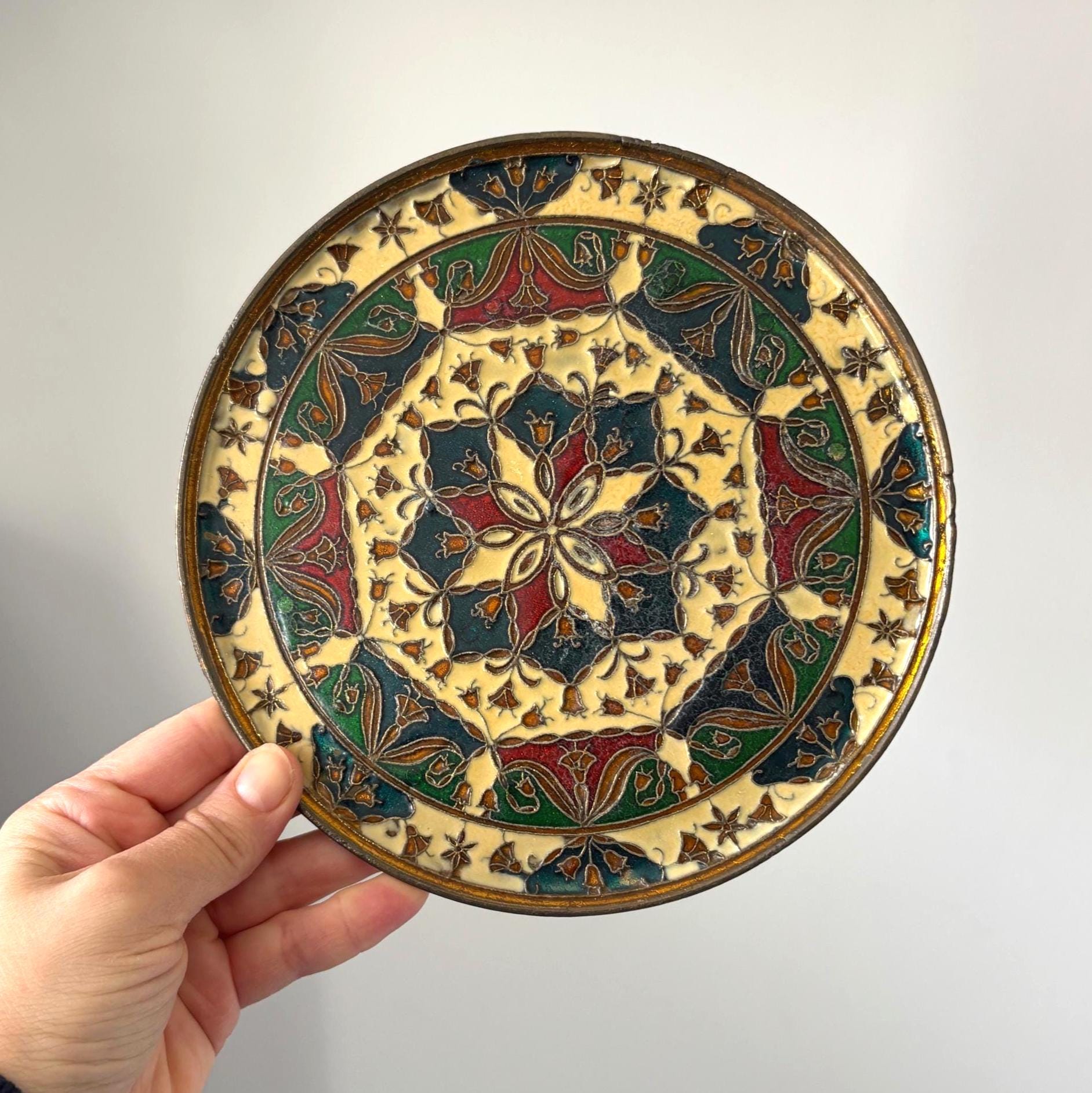 Vintage Brass Wall Plate Islamic Moorish Enamel Style Decorative Hanging Tray Boho Decor