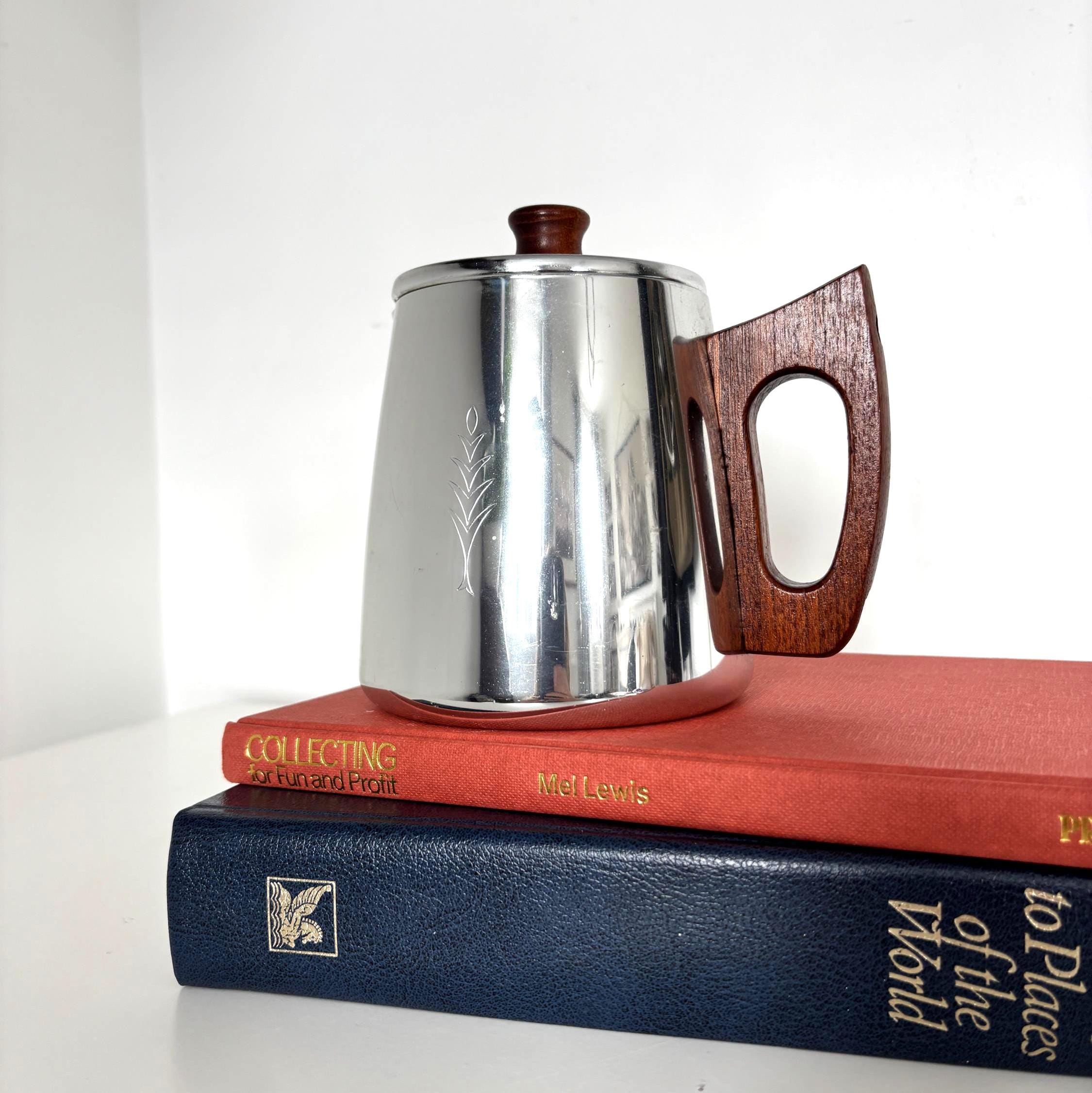 Vintage SONA Milk Jug Stainless Steel Teak Handle Mid Century Modern Coffee Pot England