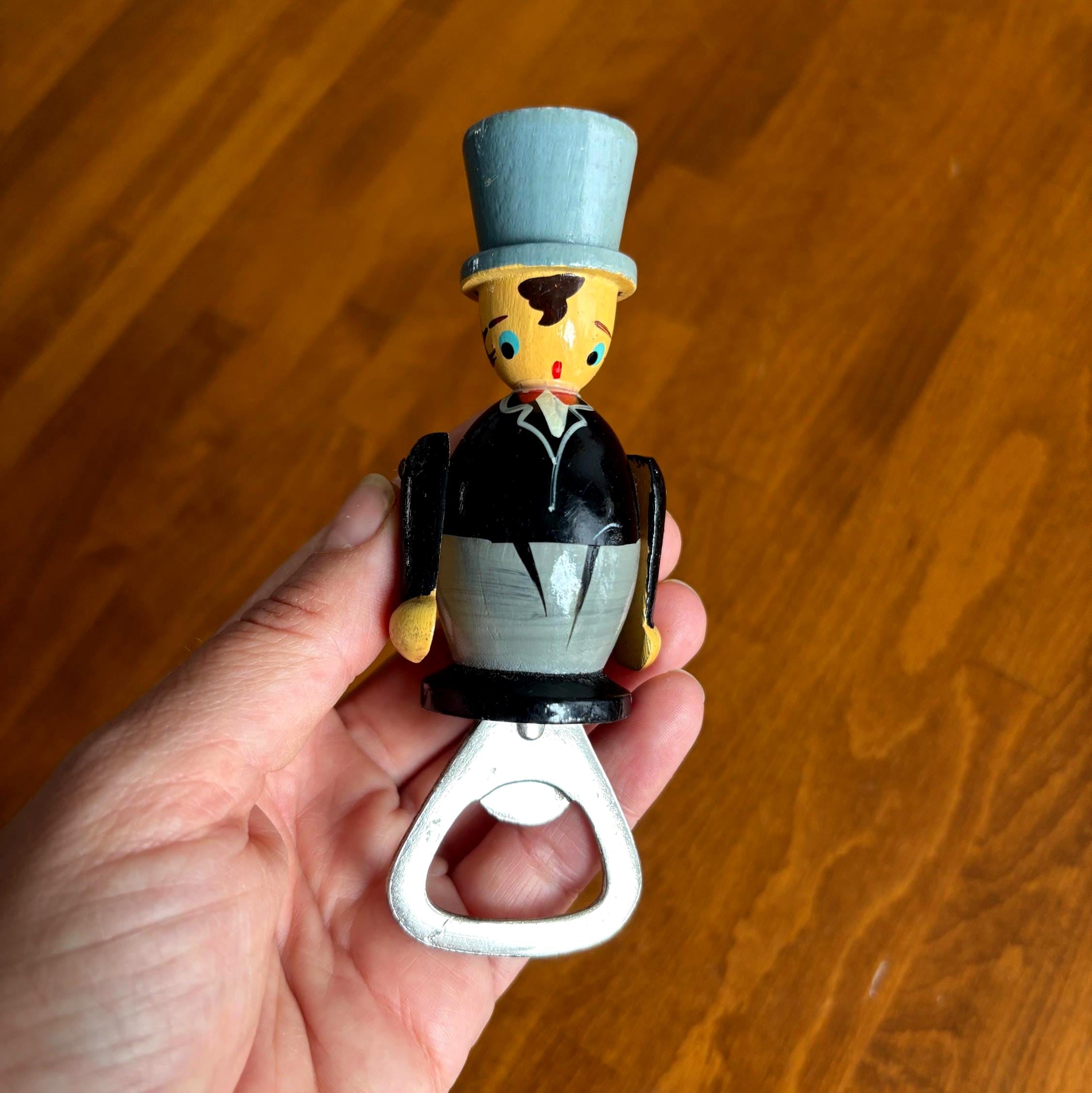 Vintage Wooden Gentleman Bottle Opener | Folk Art Top Hat Barware