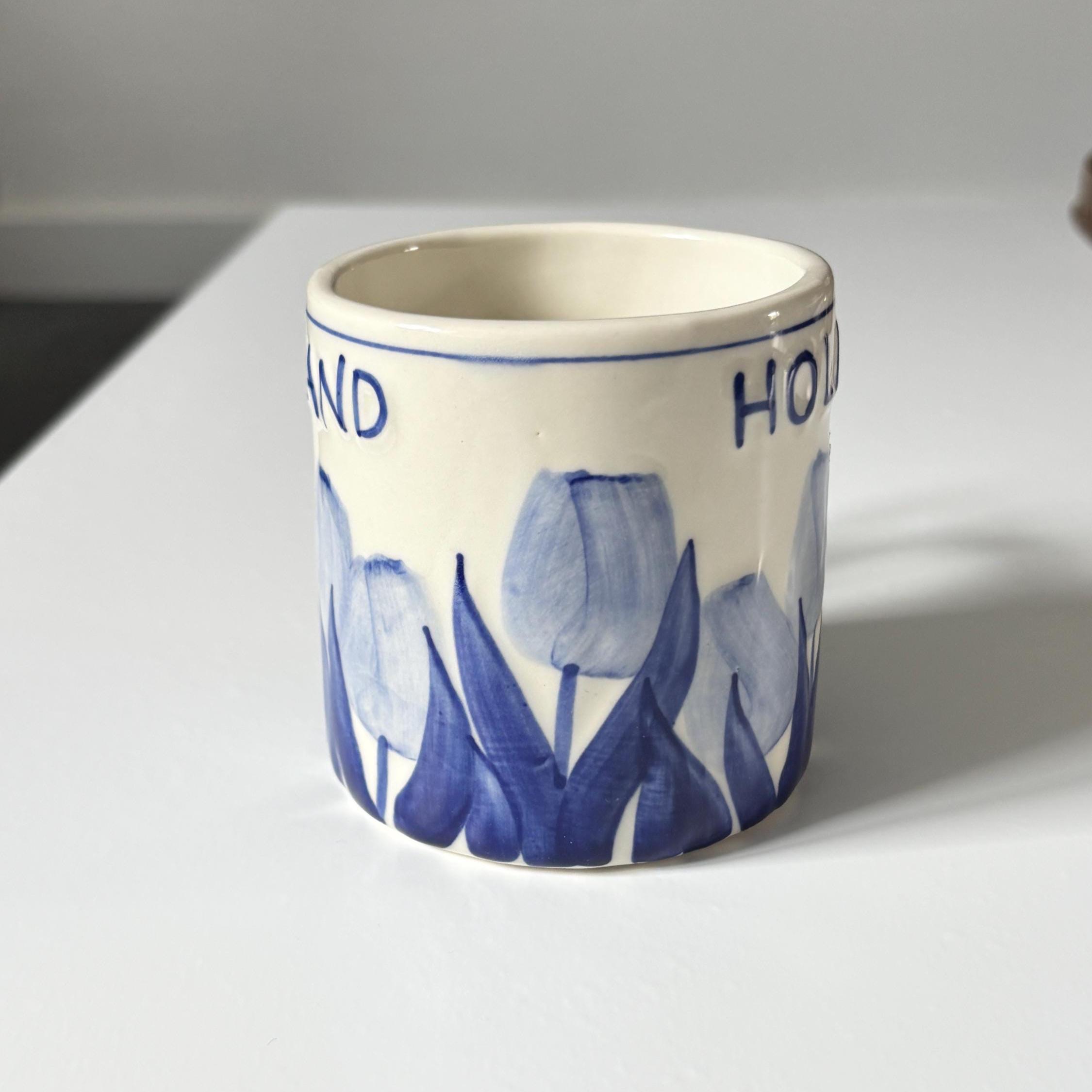 Vintage Holland Delft Style Tulip Mug Blue White Hand Painted Dutch Ceramic Cup