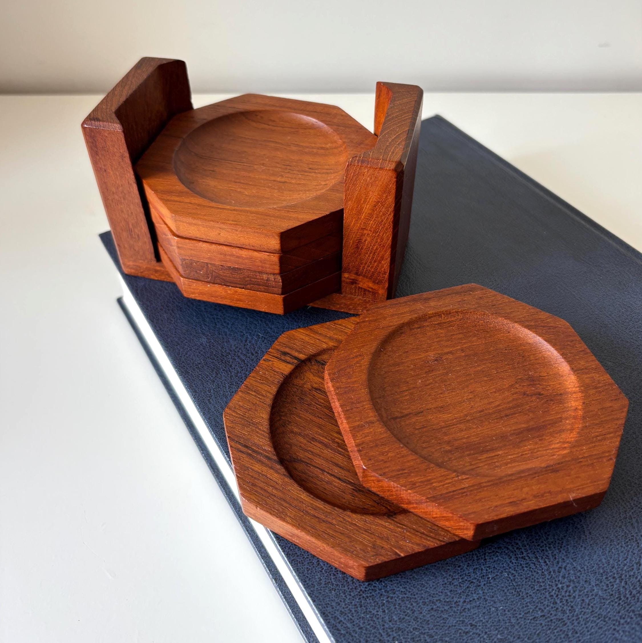 Vintage Teak Coaster Set – Danish Mid Century Modern Wooden Barware (Set of 6)