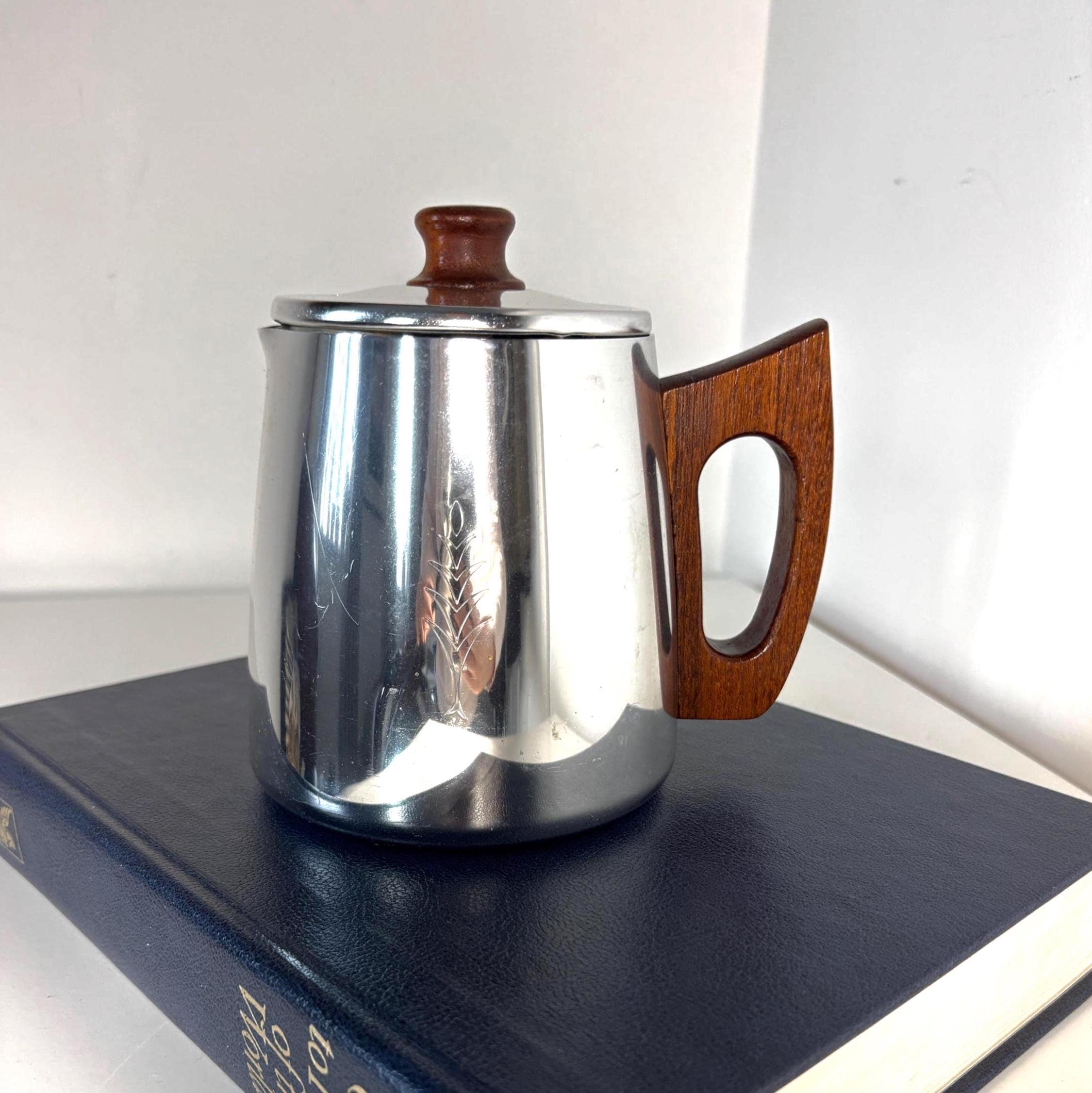 Vintage SONA Milk Jug Stainless Steel Teak Handle Mid Century Modern Coffee Pot England