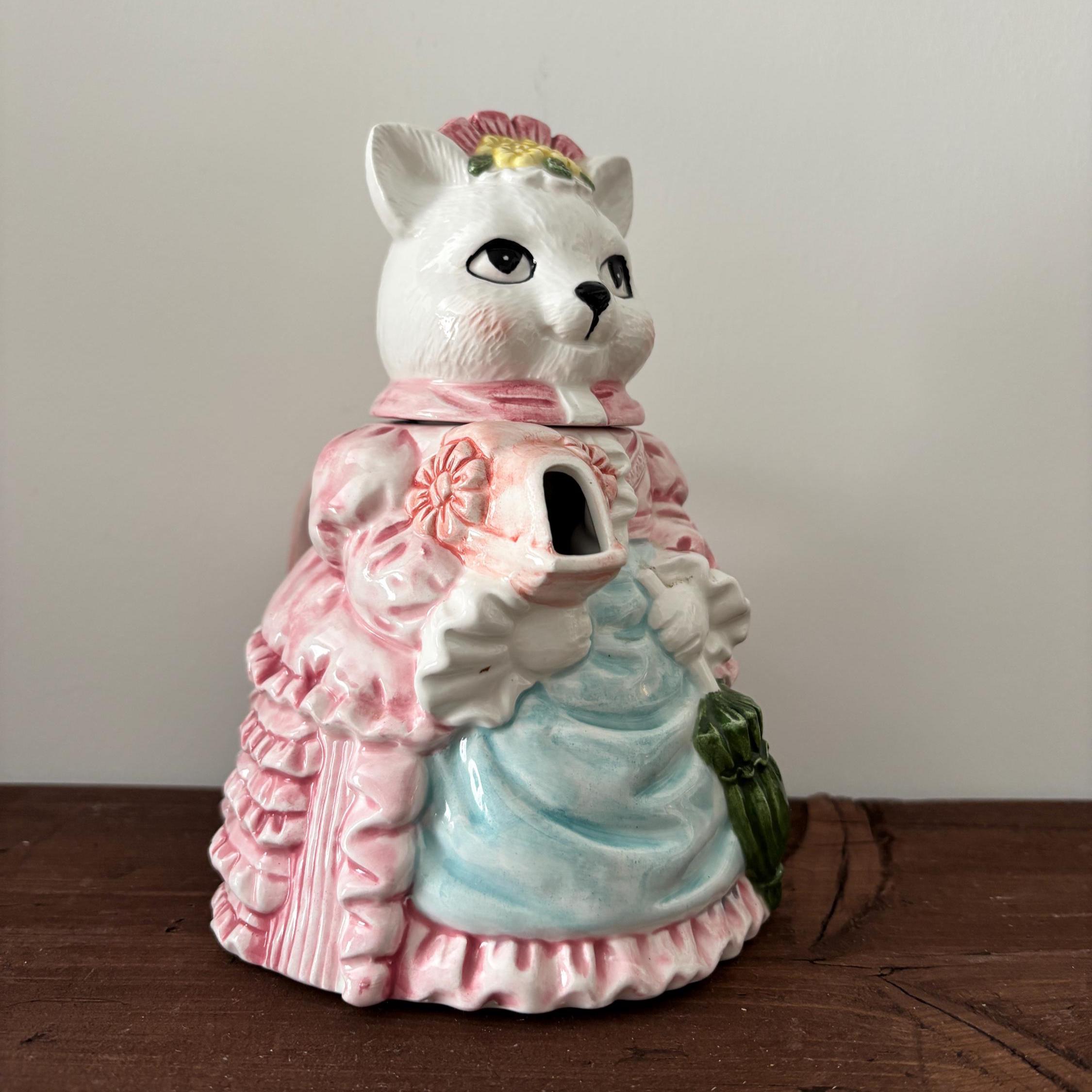 Vintage Ceramic Cat Teapot Victorian Lady Kitty Coffee Pot Pink Novelty Collectible Decor
