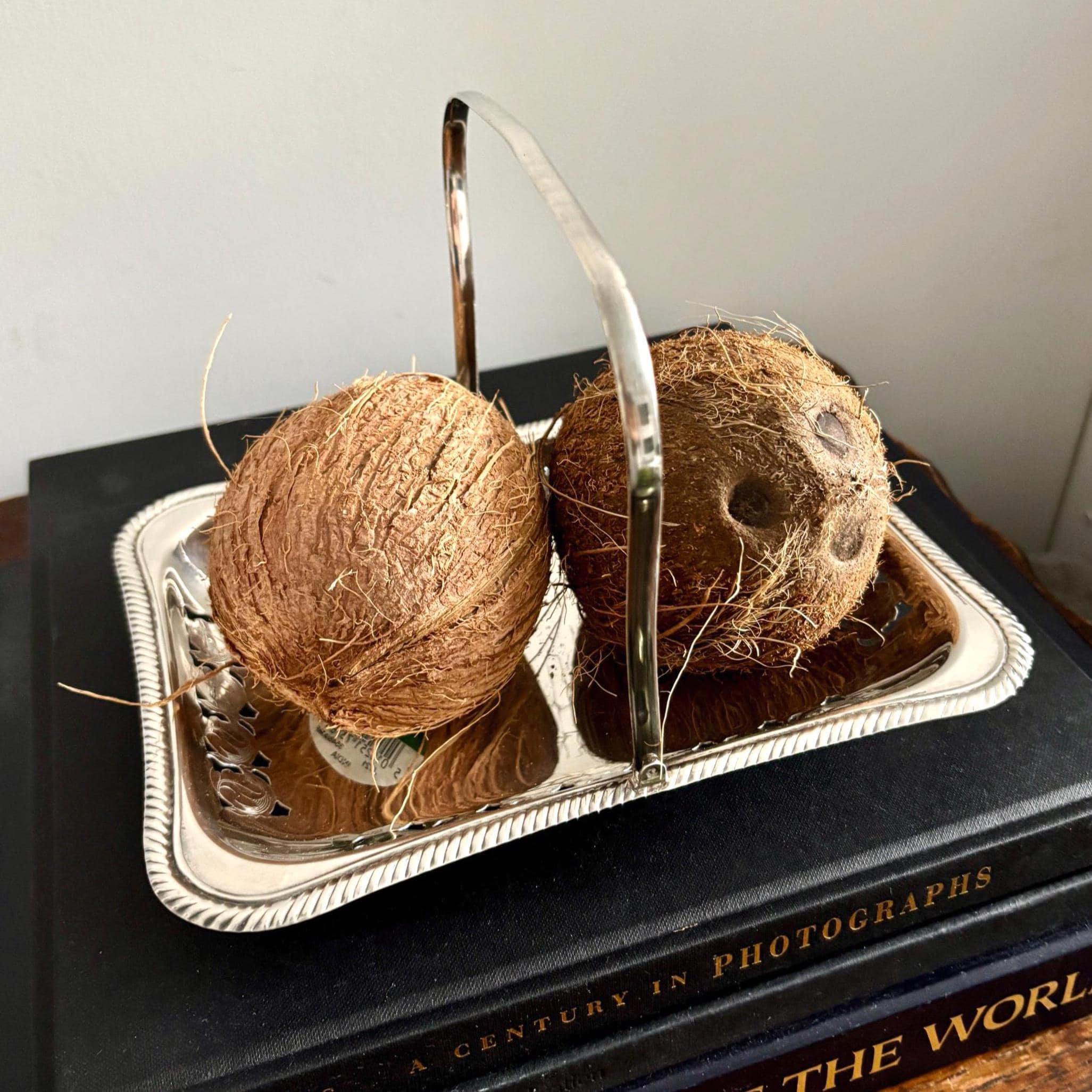 Vintage Yeoman Silver Plated Basket Tray: Pierced Design, Swing Handle