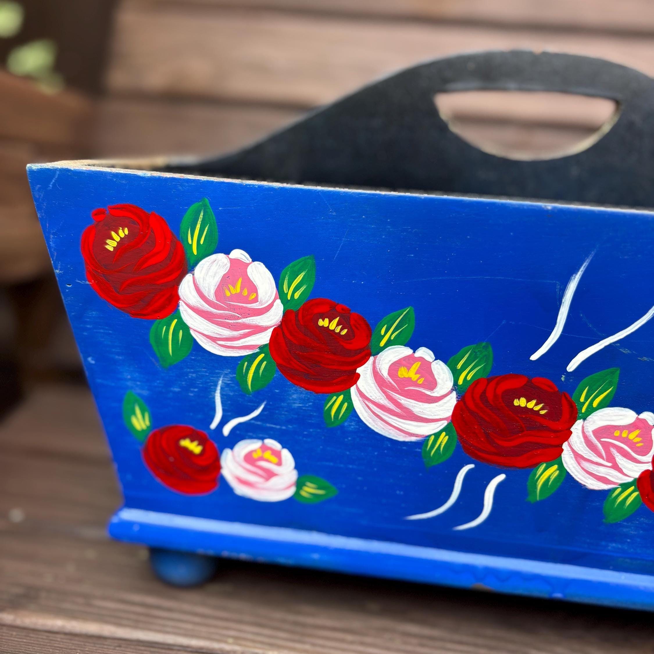 Hand-Painted Wooden Caddy | Folk Art Floral Storage Box