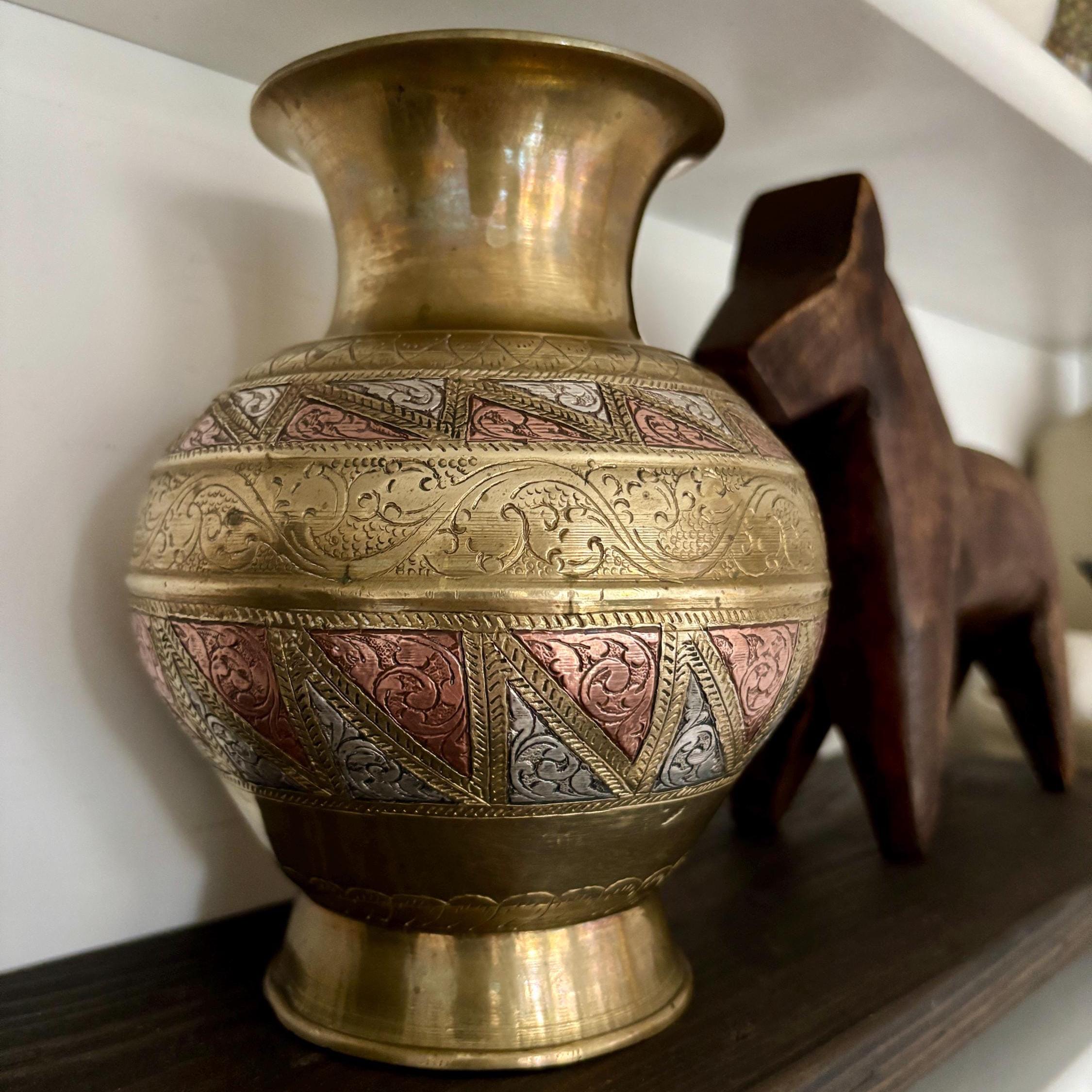 Vintage Indian Solid Brass Vase | Hand-Engraved Copper & White Metal Inlay